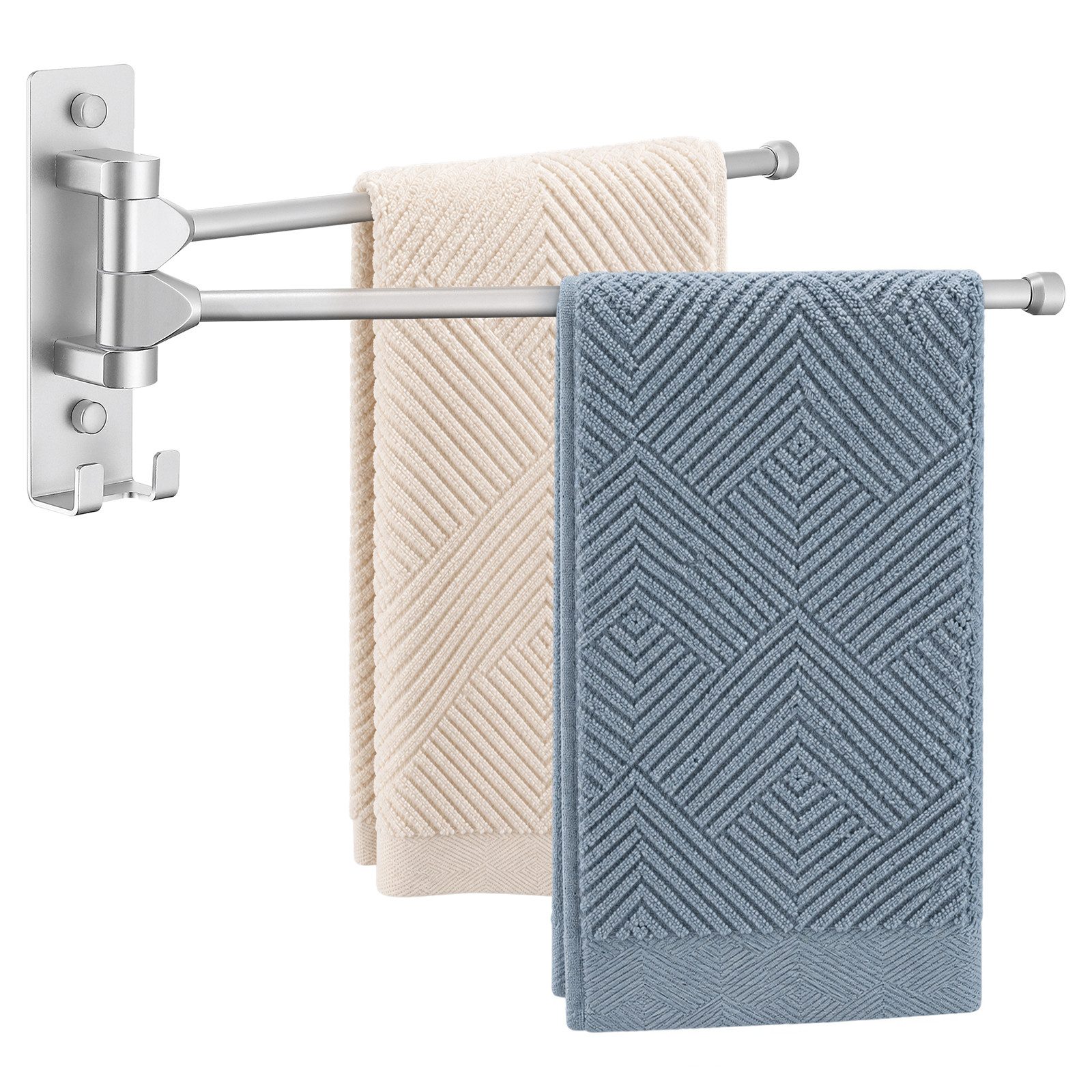 HOMELODY Handtuchhalter Wand 2-armig 180° schwenkbar ohne Bohren Aluminium Verchromt, 40 cm Handtuchstange, Kleben oder Bohren, mit Haken, ohne Handtücher