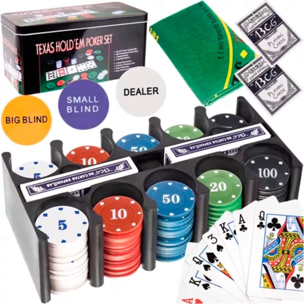 MALATEC Spielesammlung Pokerset Texas Hold'em 200 Chips, Strategiespiel Poker, Enthält 200 Chips, 2 Kartendecks, 3 Funktions-Tokens, grünes Spieltuch