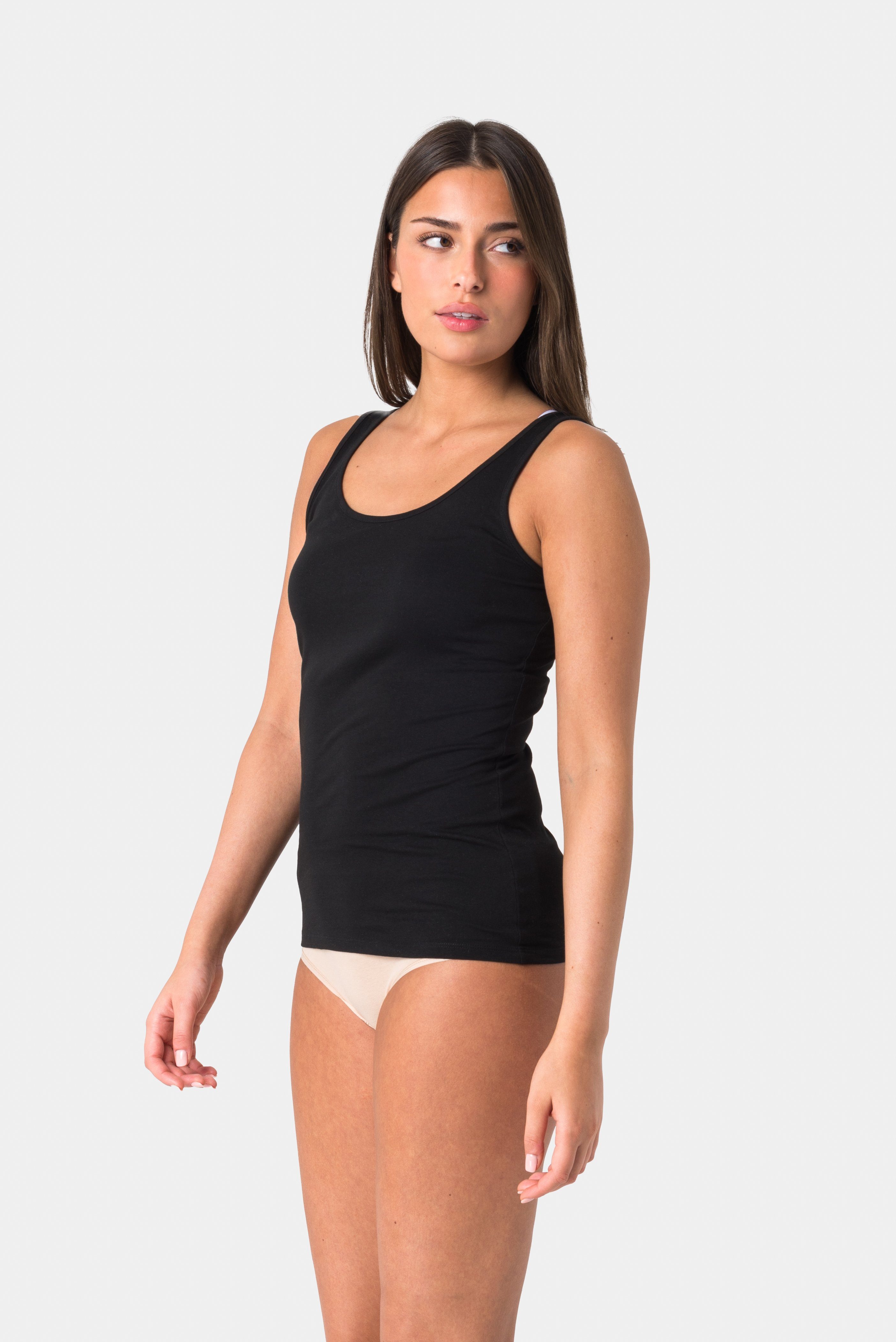 3er-Pack) extra Top mit Stretch Frauen Tank aus Basic - Tops Top für Schwarz 95% Elsie lang und Tanktop 3-St., Unterhemd Baumwolle Weiss (Packung, in