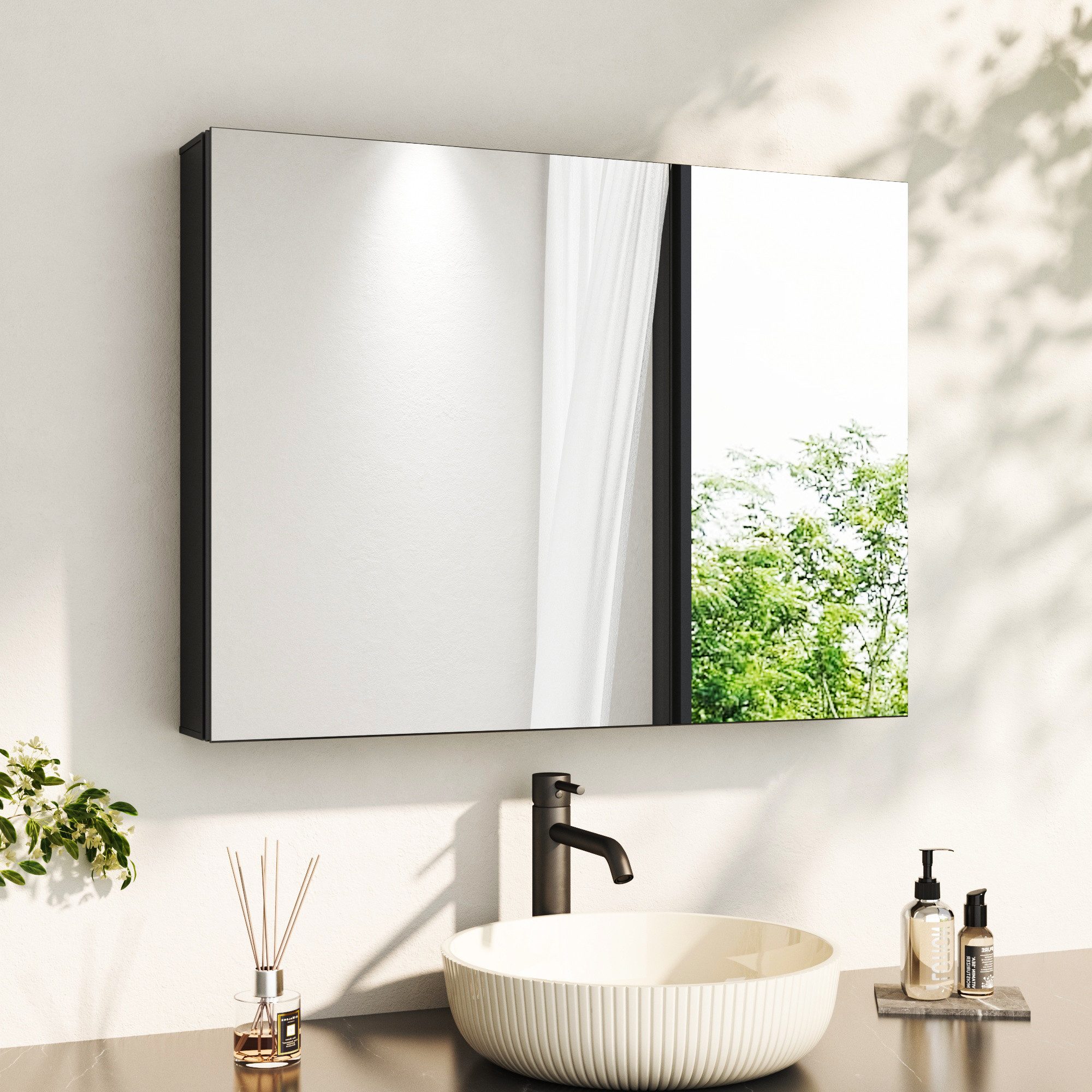 Hopibath Spiegelschrank Schwarz 80x60cm Badezimmer Spiegelschrank (Badezimmerspiegelschrank Aluminium, Eckig) Doppelspiegel, Verstellbare Glasböden, vormontiert geliefert