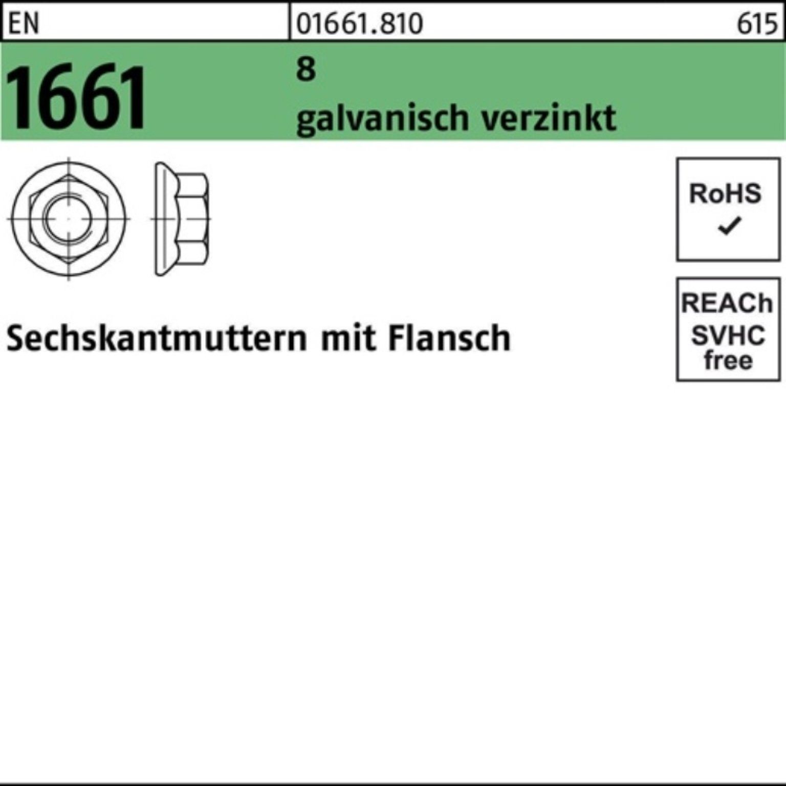 Reyher Muttern 500er Pack Sechskantmutter EN 1661 Flansch M10 8 galv.verz. 500 Stück