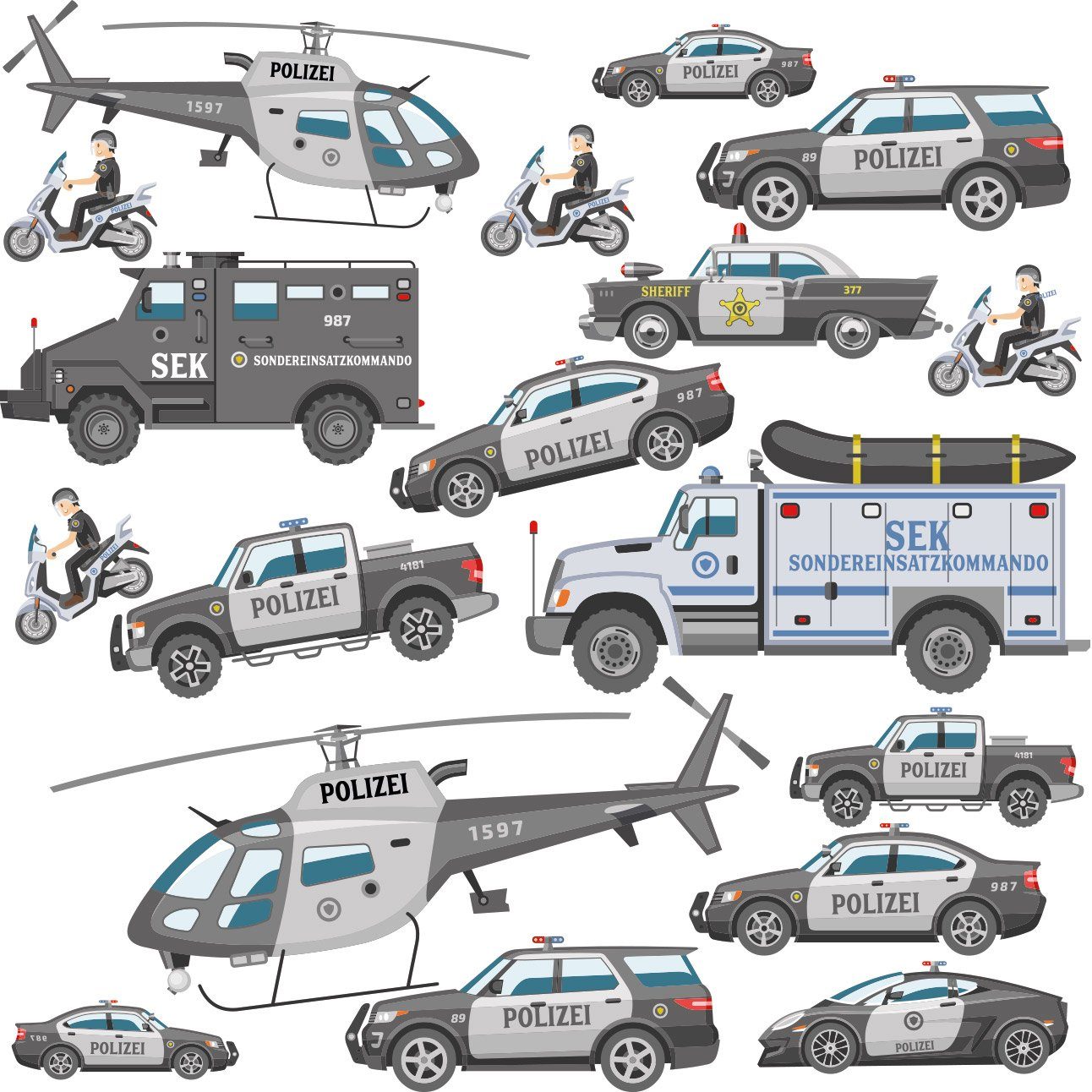 Sunnywall Wandtattoo XXL Wandtattoo Polizei Set Kinderzimmer Aufkleber