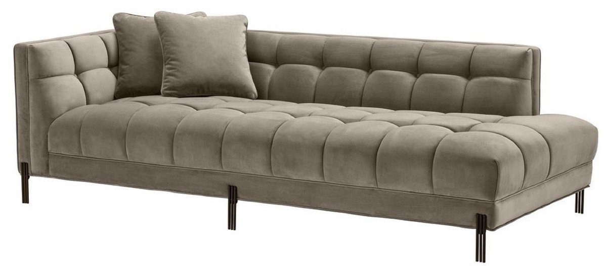 Casa Padrino Loungesofa Luxus Lounge Sofa Greige / Schwarz 223 x 95 x H. 68 cm - Linksseitiges Wohnzimmer Sofa mit edlem Samtsoff und 2 Kissen