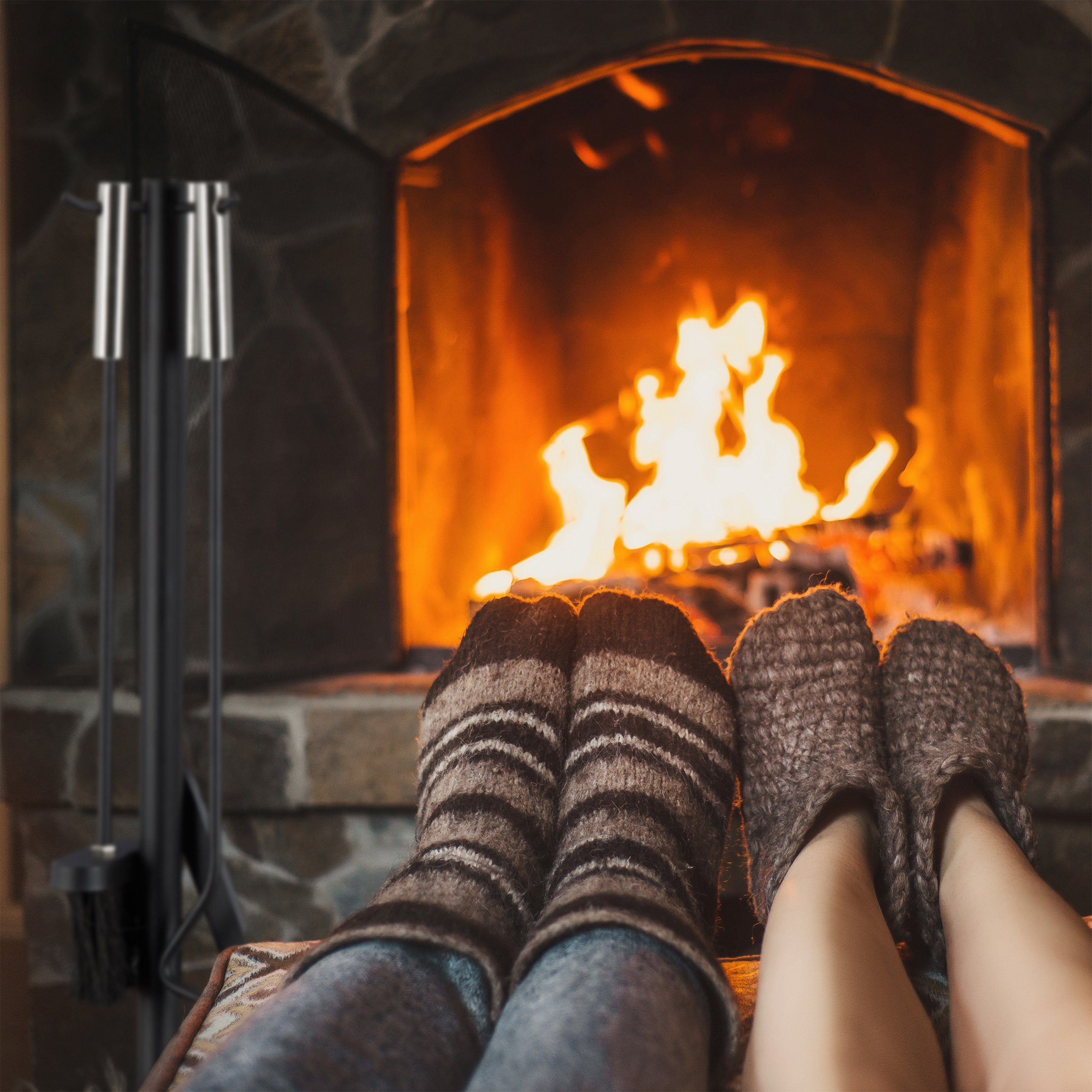 relaxdays Kamingarnitur Kaminbesteck modern 4-teilig mit Ständer