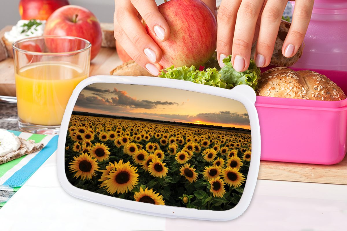 MuchoWow Lunchbox Sonnenblumen bei Kunststoff, Snackbox, Brotbox für Kinder, (2-tlg), rosa Mädchen, Brotdose Erwachsene, Sonnenuntergang, Kunststoff