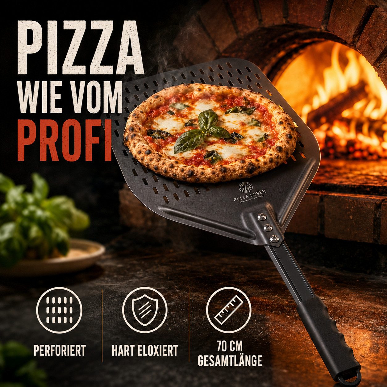 Pizza Lover Pizzaschieber Pizzaheber Harteloxierte perforierte 30x70 cm Aluminium Pizzaschaufel, Pizzaheber. Pizzaschieber 30x70 cm