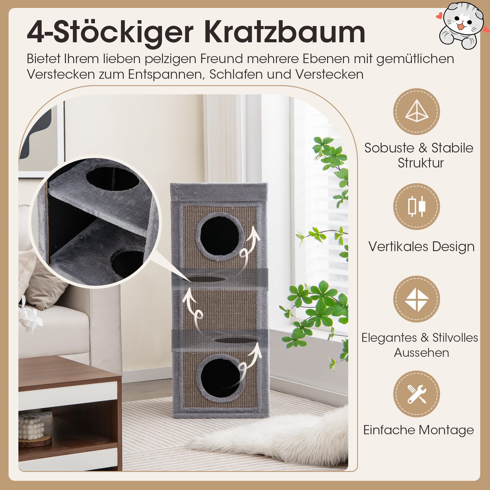 COSTWAY Kratztonne, (1-tlg), Kratzbaum, Katzenhaus mit Kratzbrett, 3 Höhlen