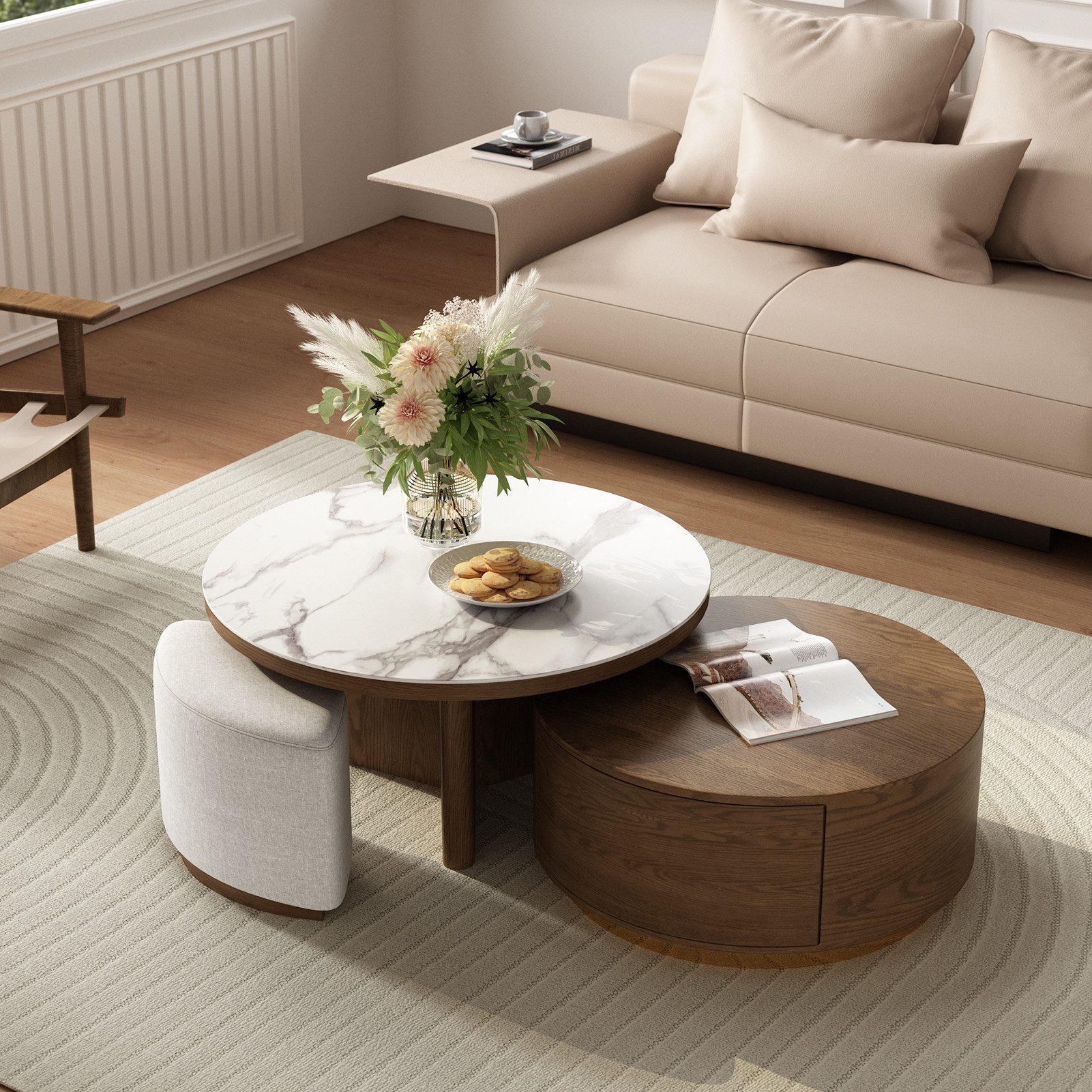 Graceabode Couchtisch mit 2 Beistelltischen aus Walnuss, runder Stein-Marmortisch (1-St), Wohnzimmer tisch mit Schublade und Hockern