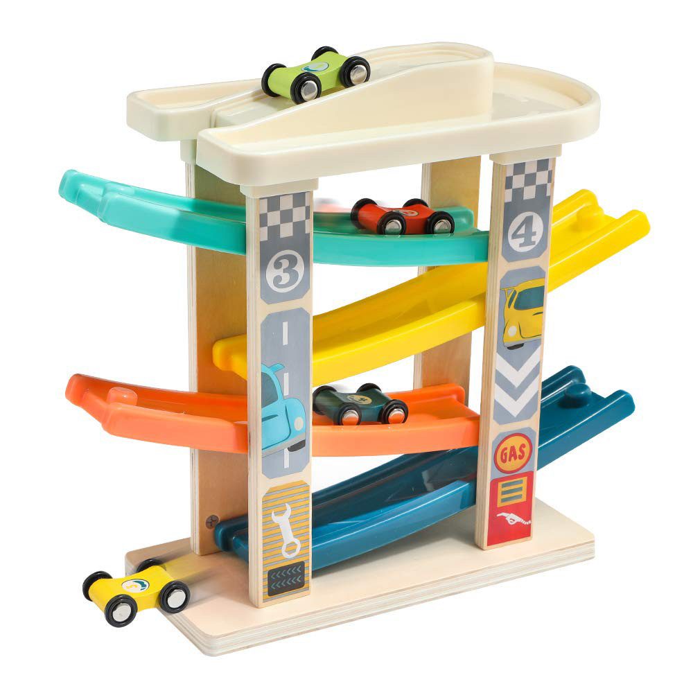 Kugelbahn Autorennbahn aus Holz mit 4 Autos - Kinderspielzeug Geschenke