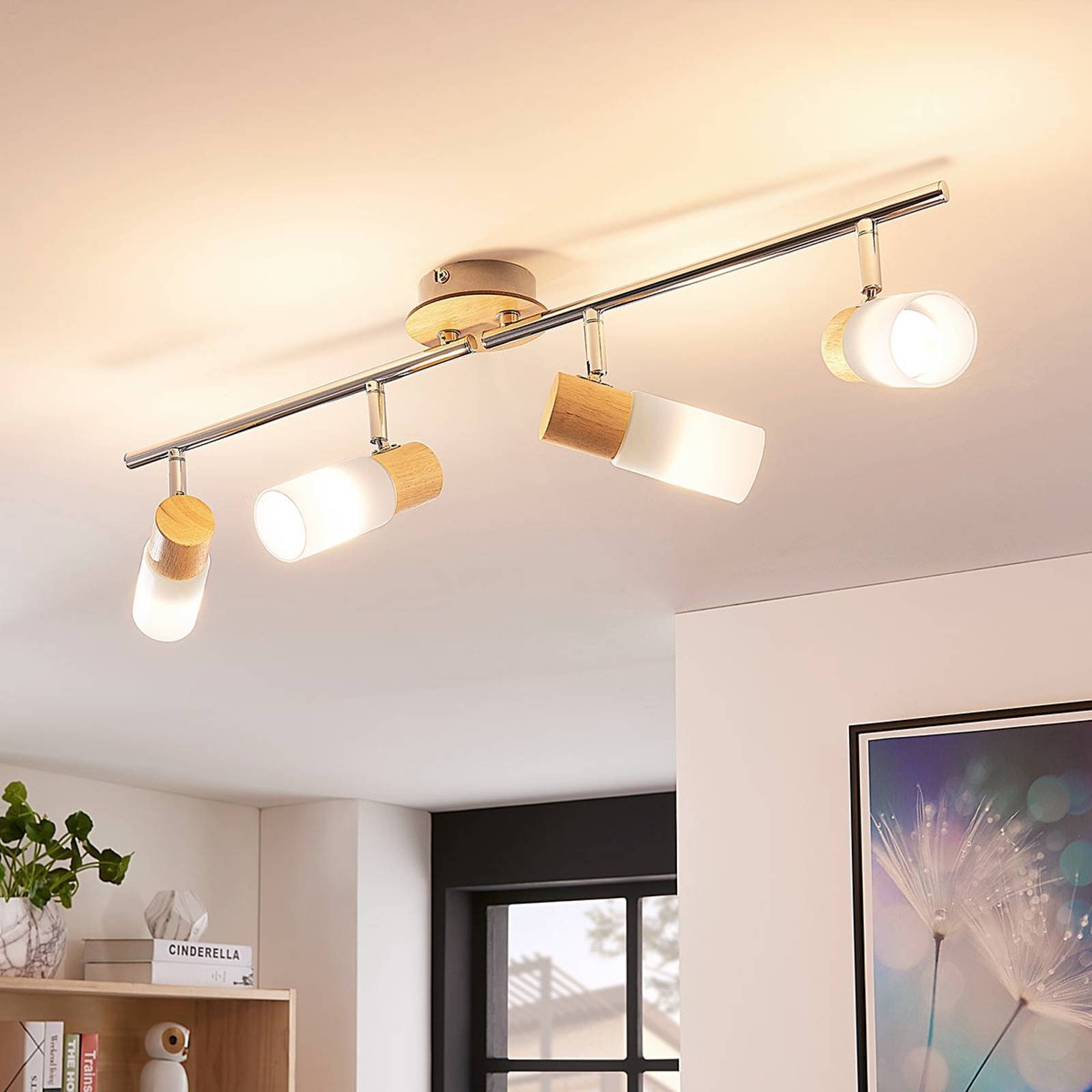 Lindby Deckenstrahler Christoph, Holz warmweiß IP20, 4 x 4,5 W LED, warmweiß