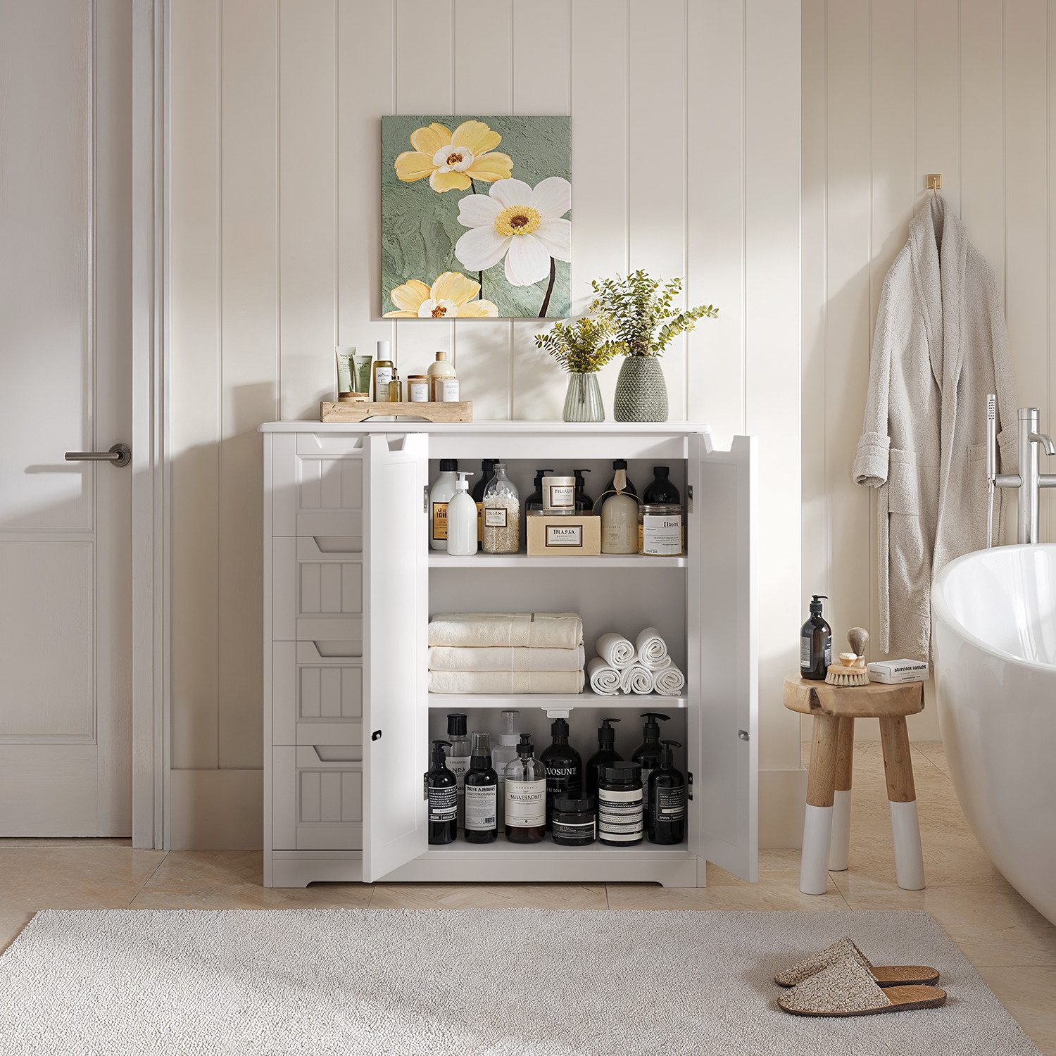 Bealife Kommode Badkommode, weiß mit 4 Schubladen und 1 Tür, verstellbare Ablage