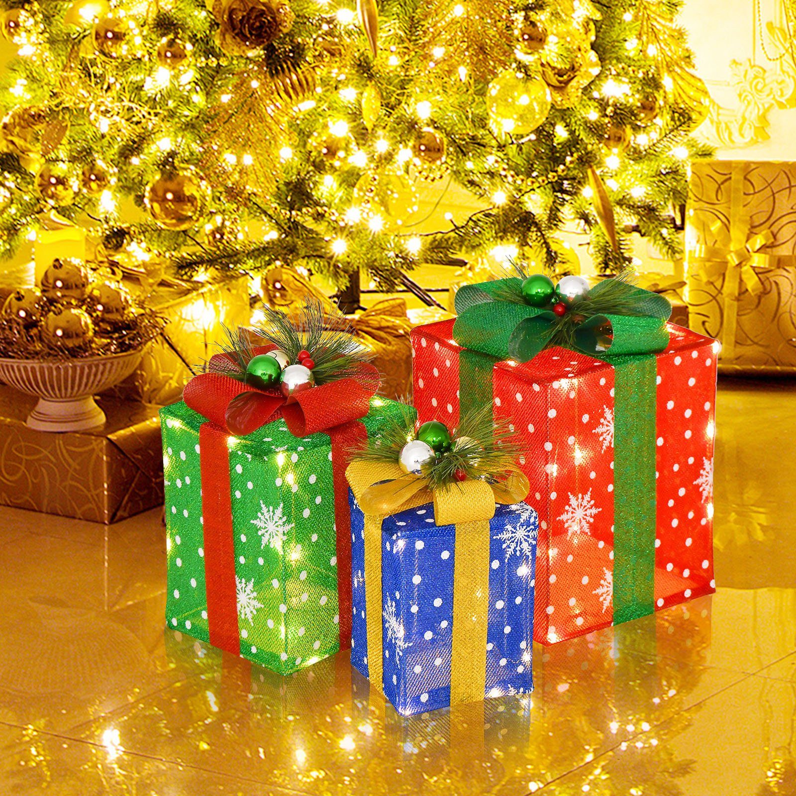 COSTWAY Weihnachtsfigur, Geschenkboxen warmweiß mit Schleife und 52 LEDs