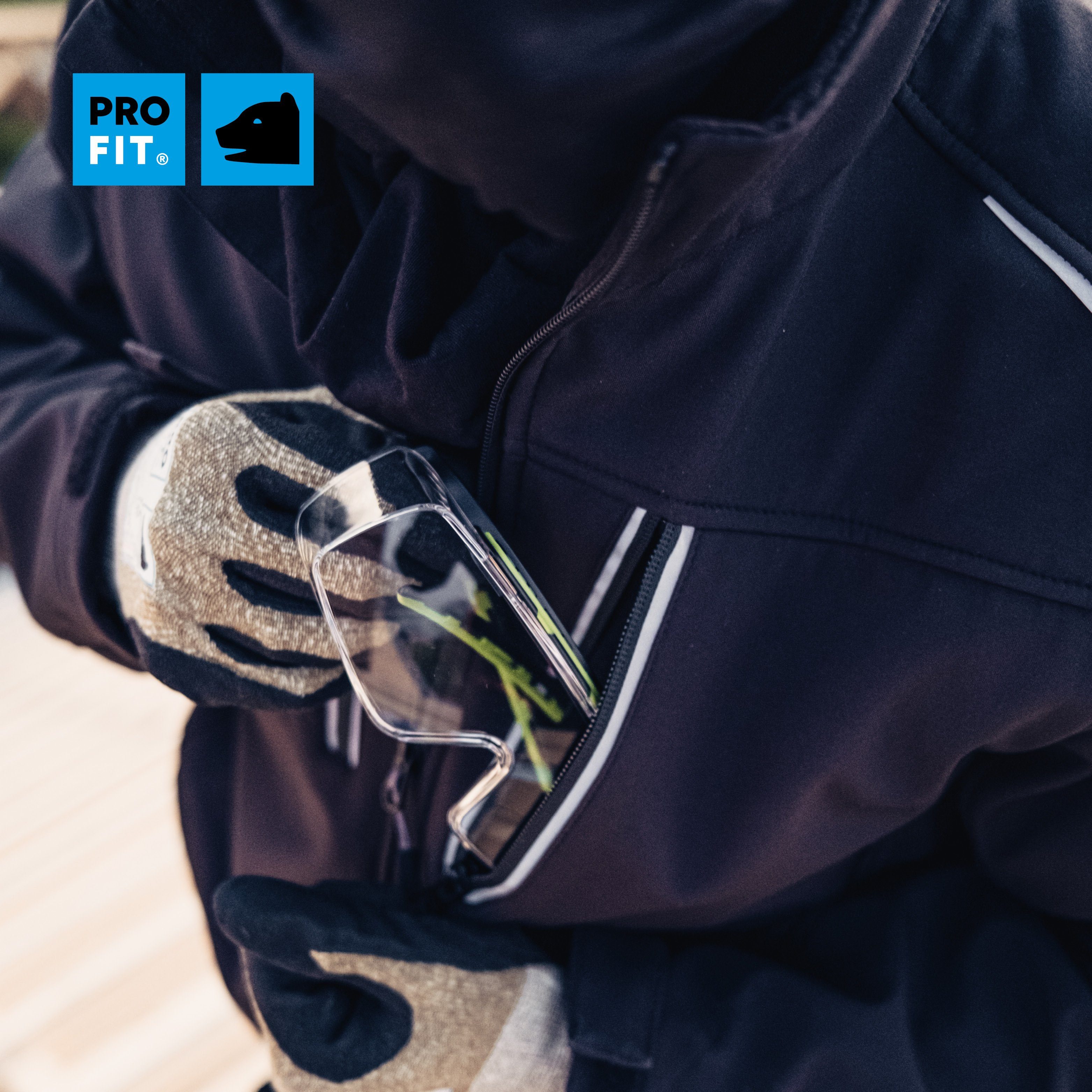 PRO FIT Arbeitsjacke aus Softshell, Freizeitjacke, Outdoorjacke, für Herren & Damen (1, Stück) Reflexapplikationen, Wind- und Wasserabweisend