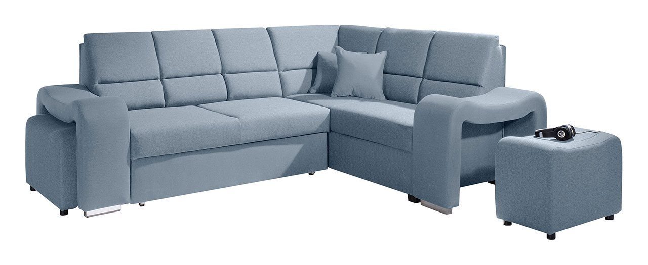 Couch Ecksofa MÖBEL Wohnlandschaft - L-Form mit AKIWA, Schlaffunktion, MKS Blau Hocker 2