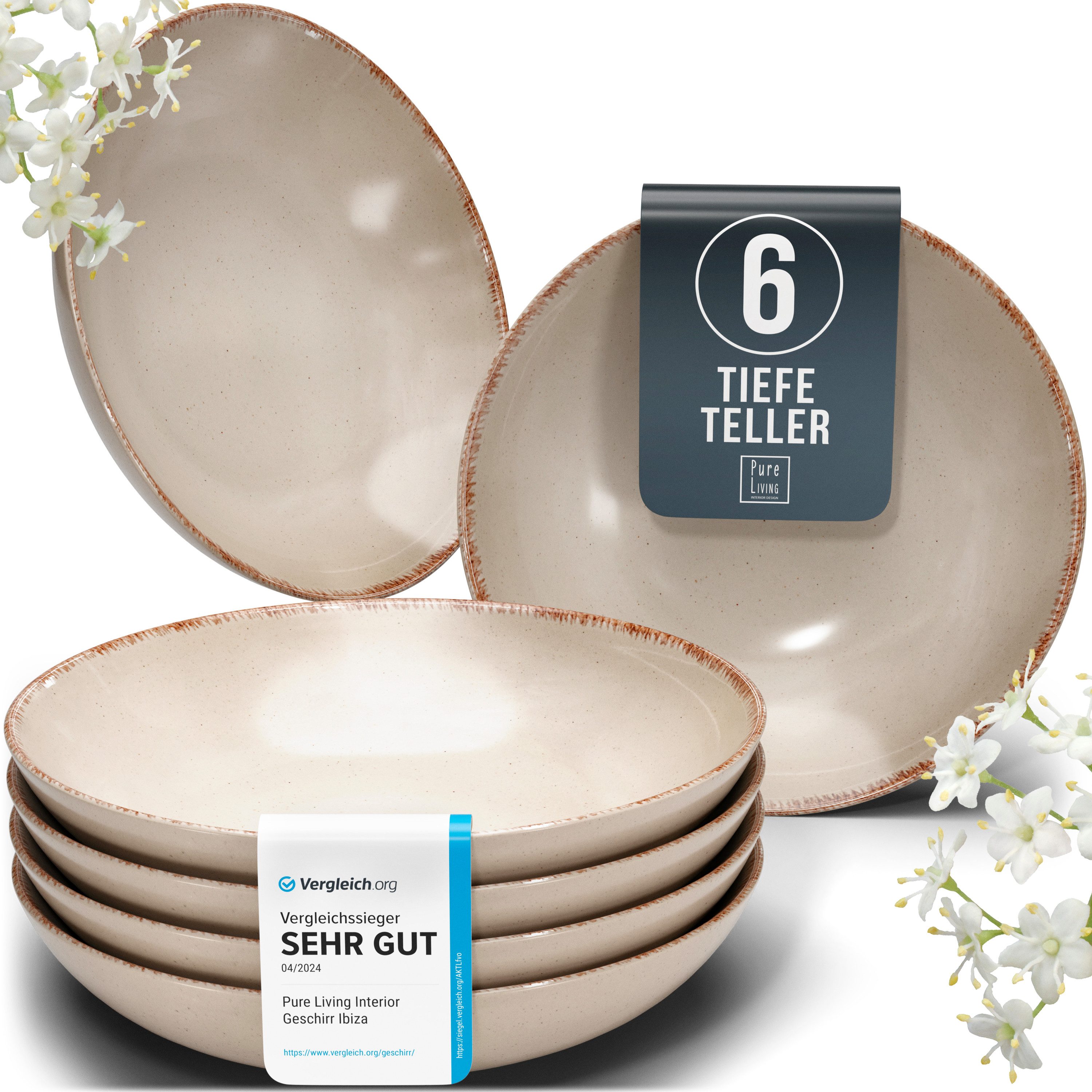 PURE LIVING INTERIOR DESIGN Geschirr-Set Suppenteller 6er 20cm »Rustic«, Steingut, Beige (6-tlg), 6 Personen, Steingut