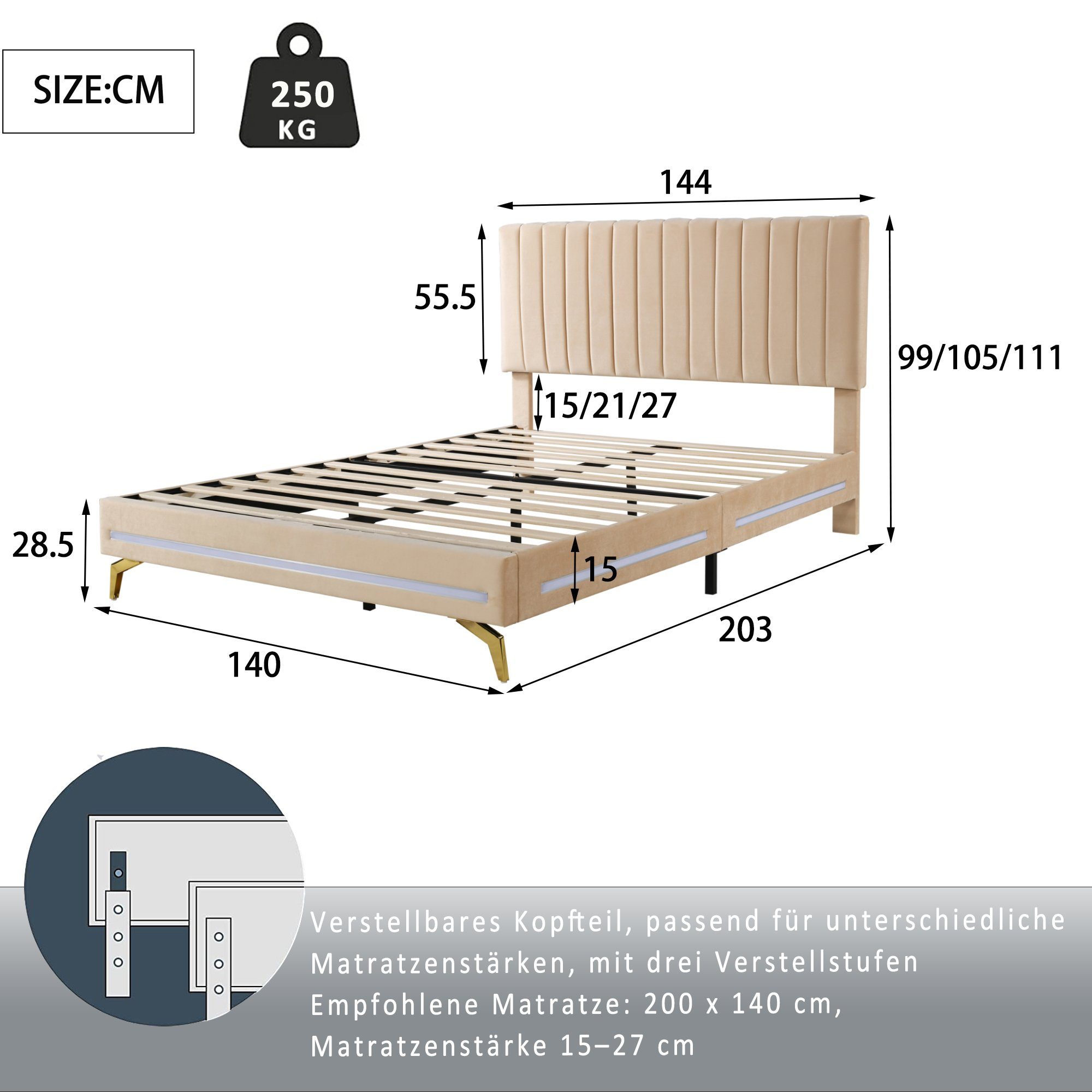Polsterbett (Doppelbett), mit verstellbarem Kopfteil und LED Beleuchtung, Samt, 140x200cm