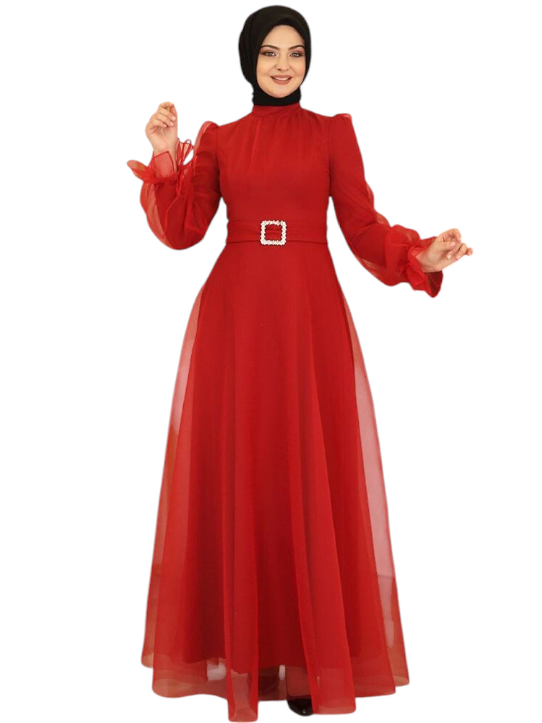 Abendkleid Damen Tüll Maxikleid Langarm – Festkleid mit Gürtel Modest Fashion