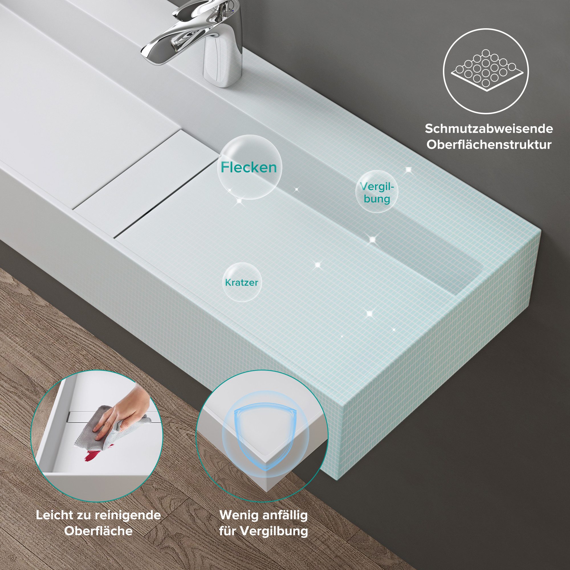 doporro Waschbecken Aufsatzwaschbecken Waschtisch aus Mineral verdecktem Ablauf C6028, antibakteriell und leicht zu reinigen, umweltfreundliches Material – Bild 4 von 5