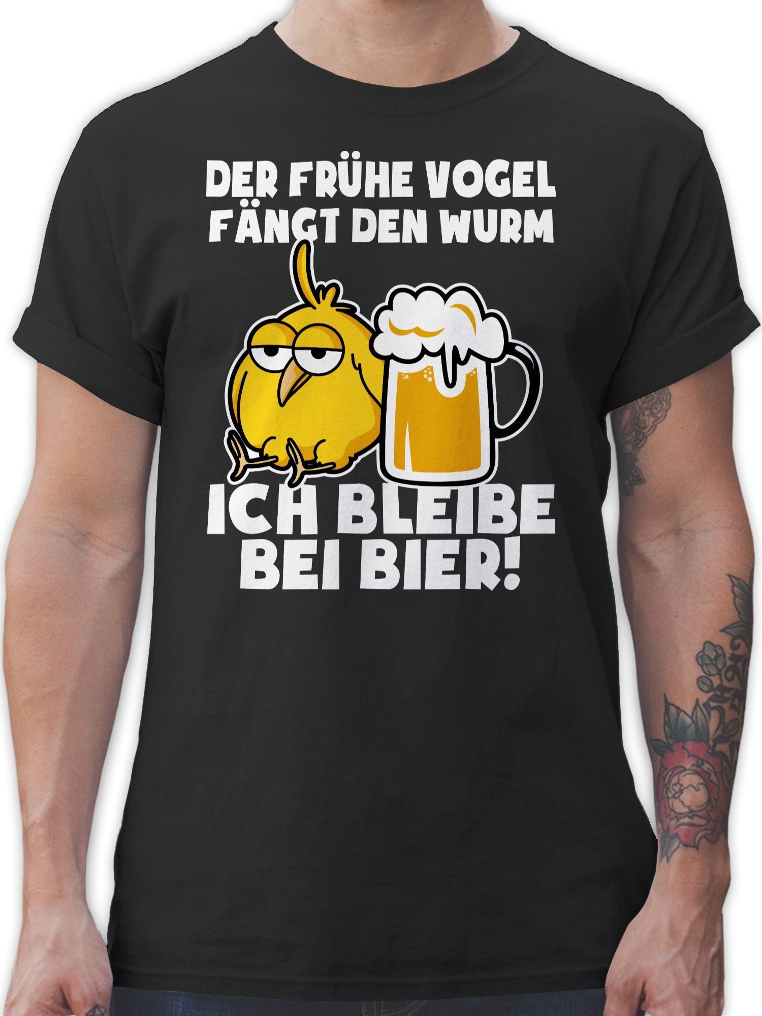 Shirtracer T-Shirt Der frühe Vogel Party Ich shirt herren Wurm! Alkohol 01 Herren den weiß Herren Bier! fängt bei - Premium bleibe - - T-Shirt alkohol Schwarz &