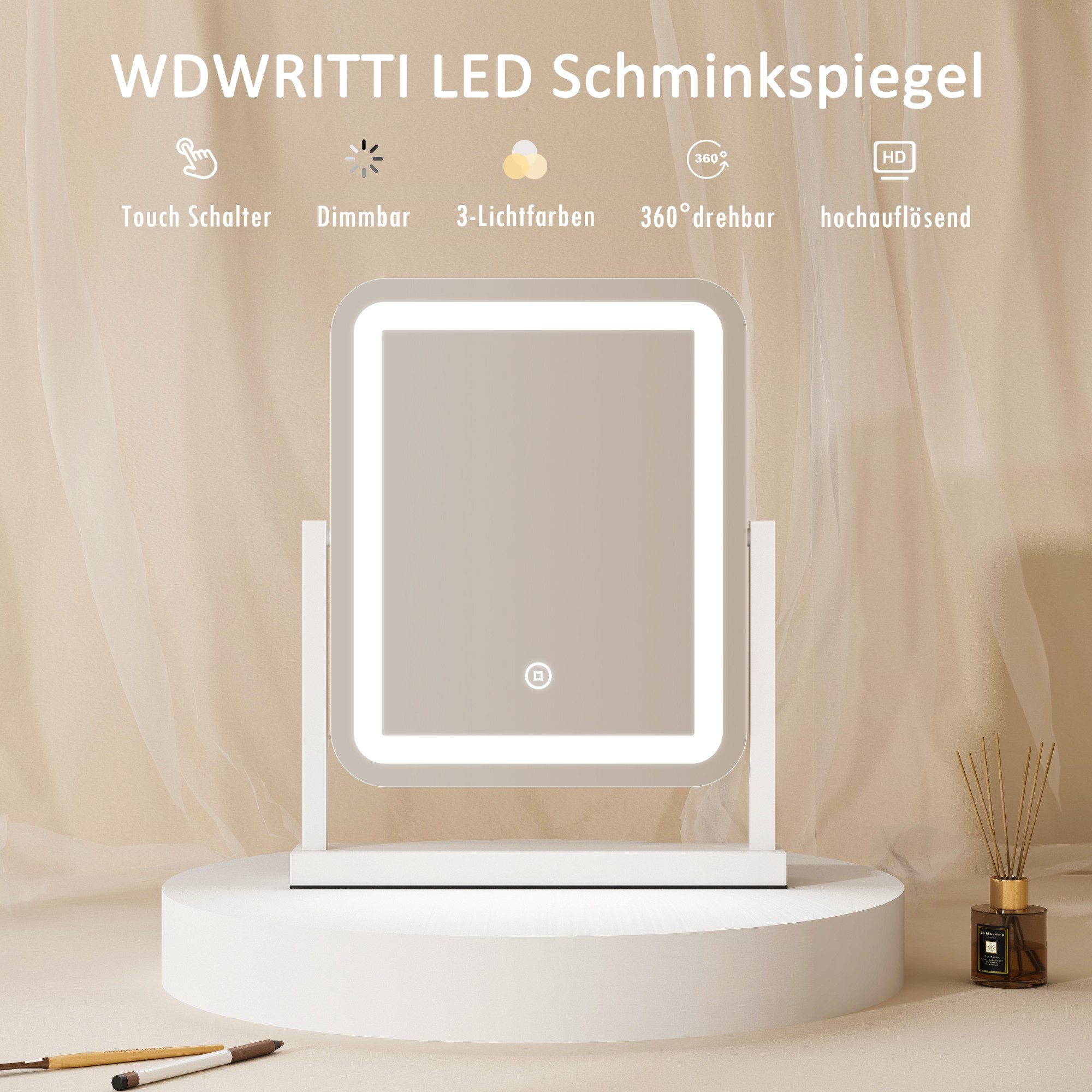 WDWRITTI Spiegel mit beleuchtung Schminkspiegel Kosmetikspiegel (Tischspiegel stehend, 3Lichtmodi, Dimmbar, Speicherfunktion), mit Netzadapter & rutschfeste Pad