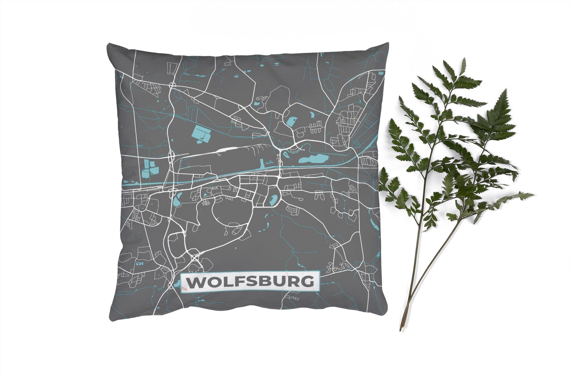 Blau Wohzimmer, MuchoWow mit Karte Dekokissen - Zierkissen - - Stadtplan - Schlafzimmer, Wolfsburg, Deko, für Deutschland Füllung Sofakissen