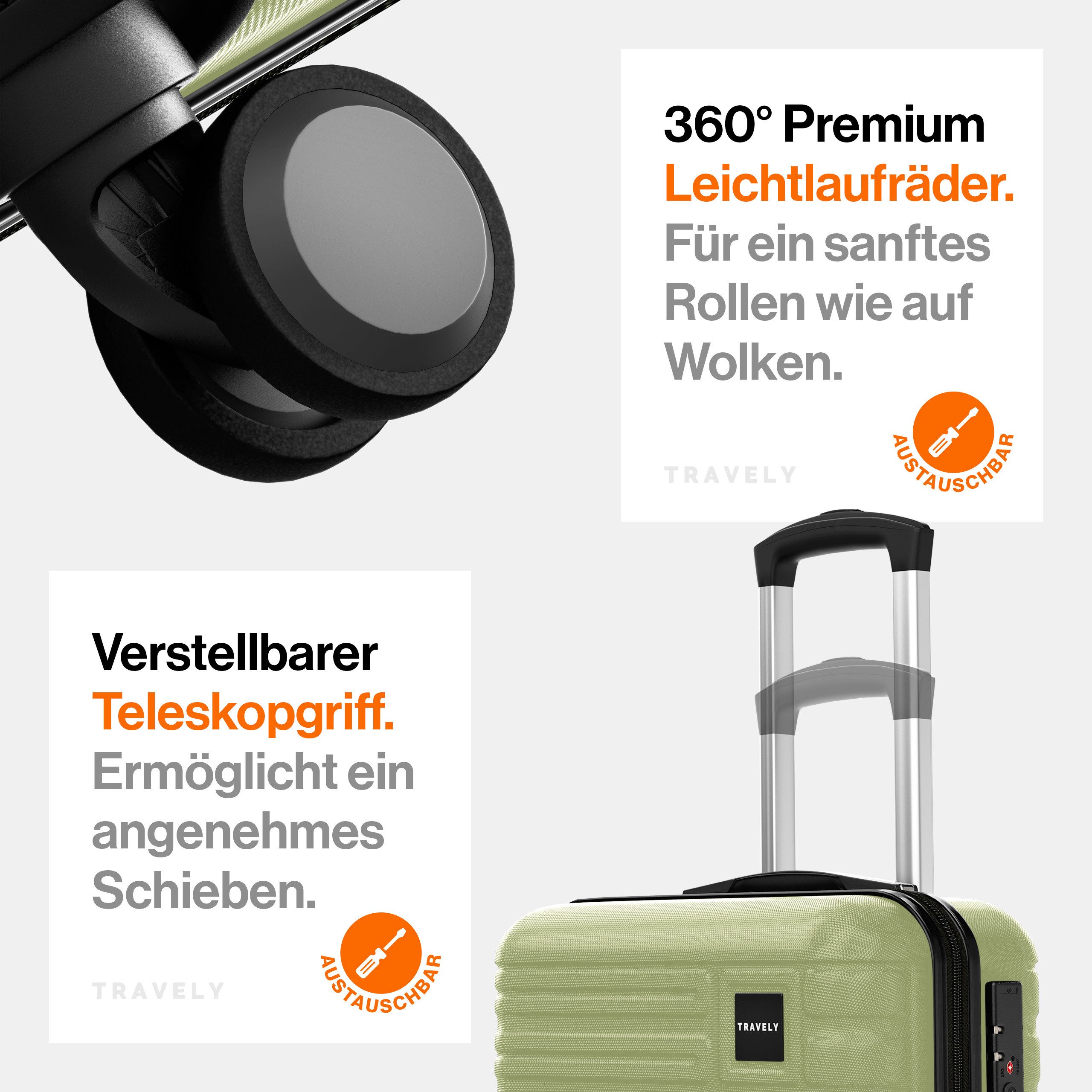 Travely Koffer Polycarbonat Koffer Set - 3 teiliges Kofferset, XL + L + M, 4 Rollen, Designed in Germany, austauschbare Griffe und Rollen – Bild 5 von 5