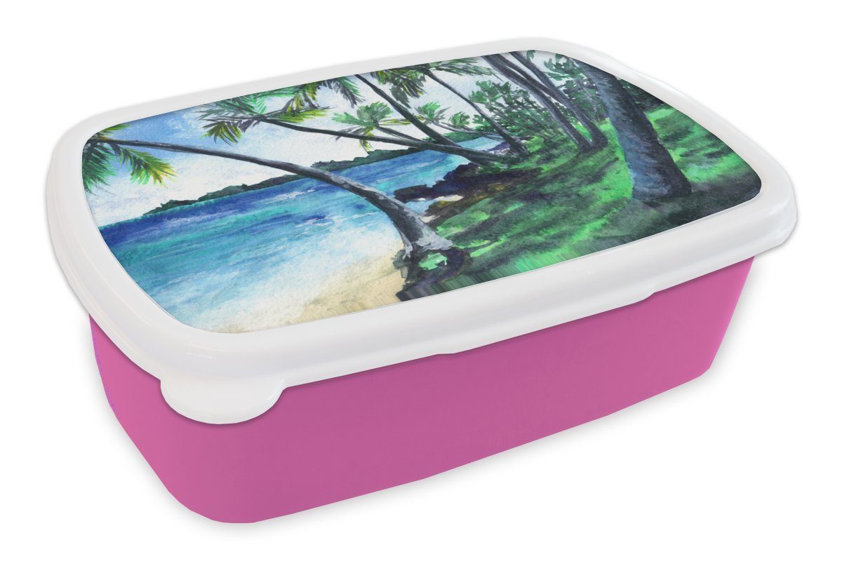 MuchoWow Lunchbox Aquarell - Strand - Palme, Kunststoff, (2-tlg), Brotbox für Erwachsene, Brotdose Kinder, Snackbox, Mädchen, Kunststoff rosa