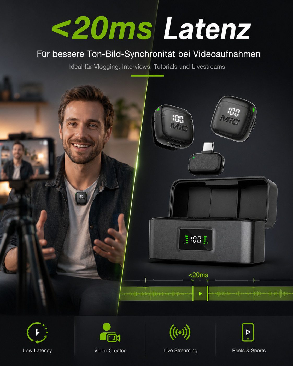 OYLCDI Mikrofon Funkmikrofon Lavalier Mikrofon 2.4GHz Drahtloses mit Noise Reduction (automatische Kopplung, Plug & Play, Low Latency, Lavalier Mikrofon, Mikrof – Bild 5 von 5