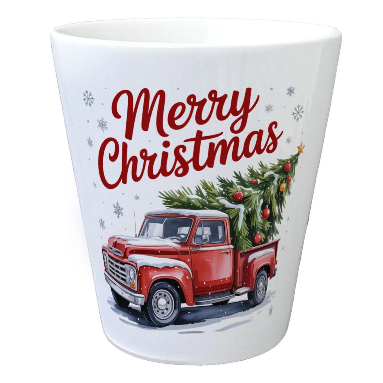 speecheese Blumentopf Merry Christmas Blumentopf mit Rotem Truck und Weihnachtsbaum