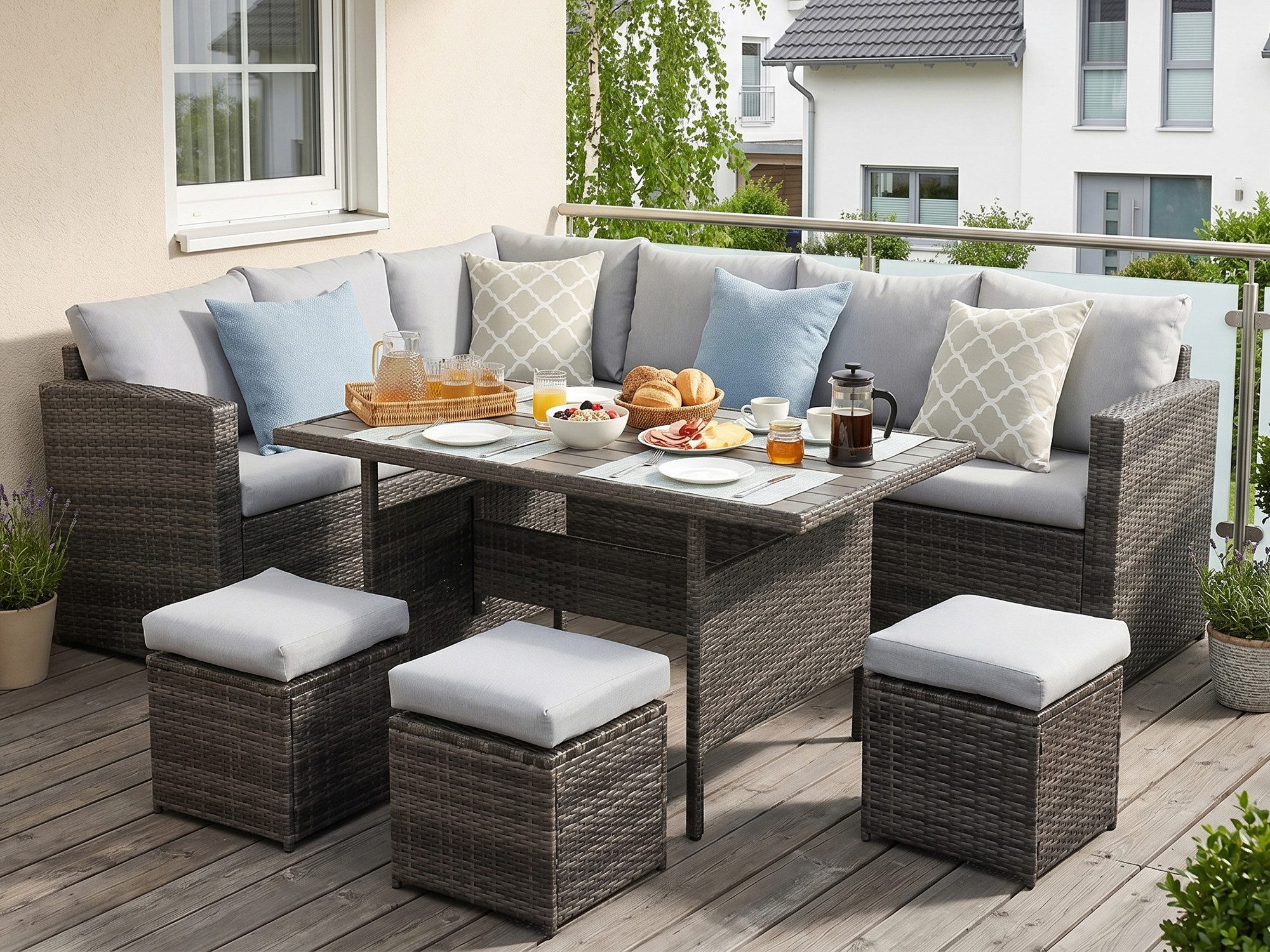 MeXo Gartenlounge-Set Lounge Gartenmöbelset für 8-10 Personen, (Outdoor Garten-Essgruppe, 7-tlg., 8 cm breitere Armlehnen, pflegeleichte Polywood-Tischplatte), Belastbarkeit pro Sitzplatz bis zu 140kg, für Terrasse Garten
