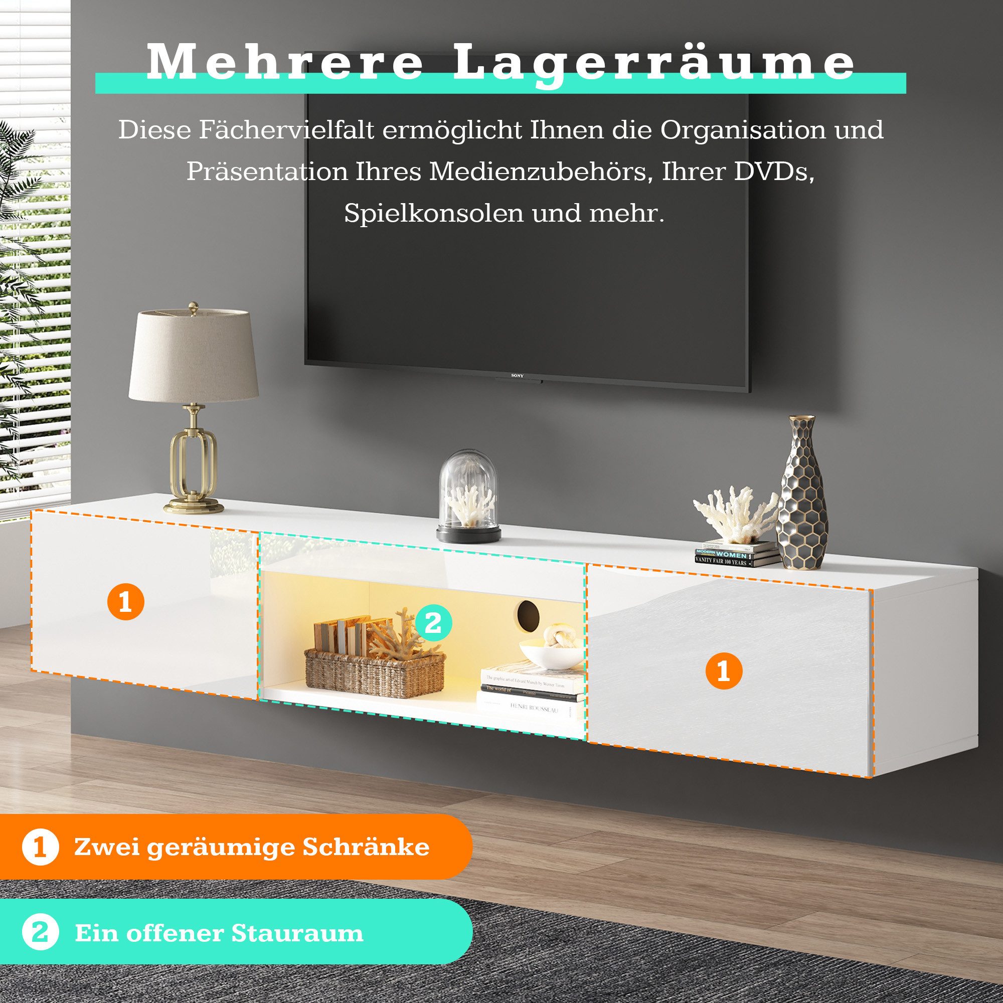 Merax Lowboard hängend mit Türen und offenes Fach, Fernsehtisch hochglanz,T günstig online kaufen