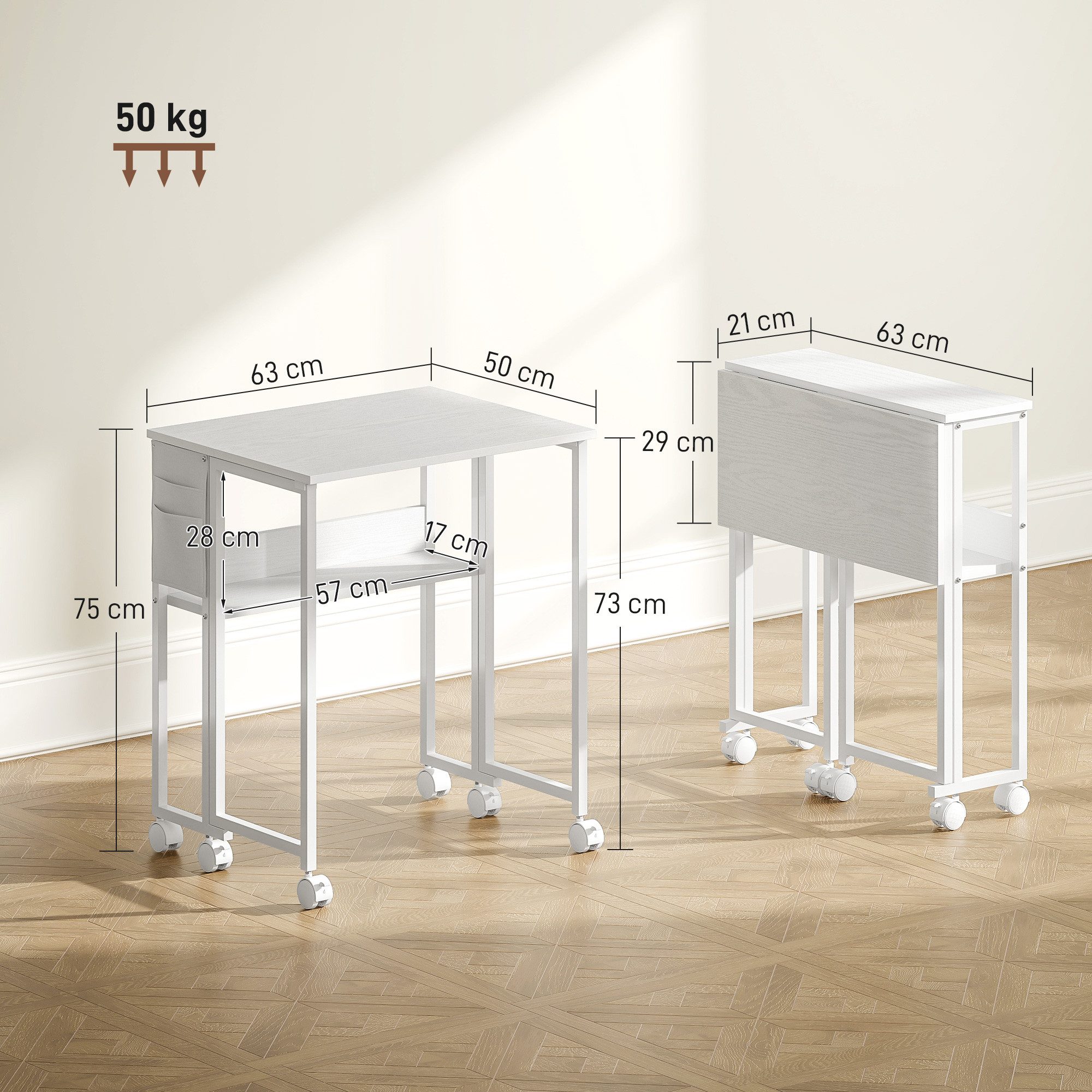 HOMCOM Schreibtisch klappbarer (Klappschreibtisch, 1-St., Platzsparend Computertisch), mit Regal, Aufbewahrungstasche, für Home Office, Weiß – Bild 3 von 5