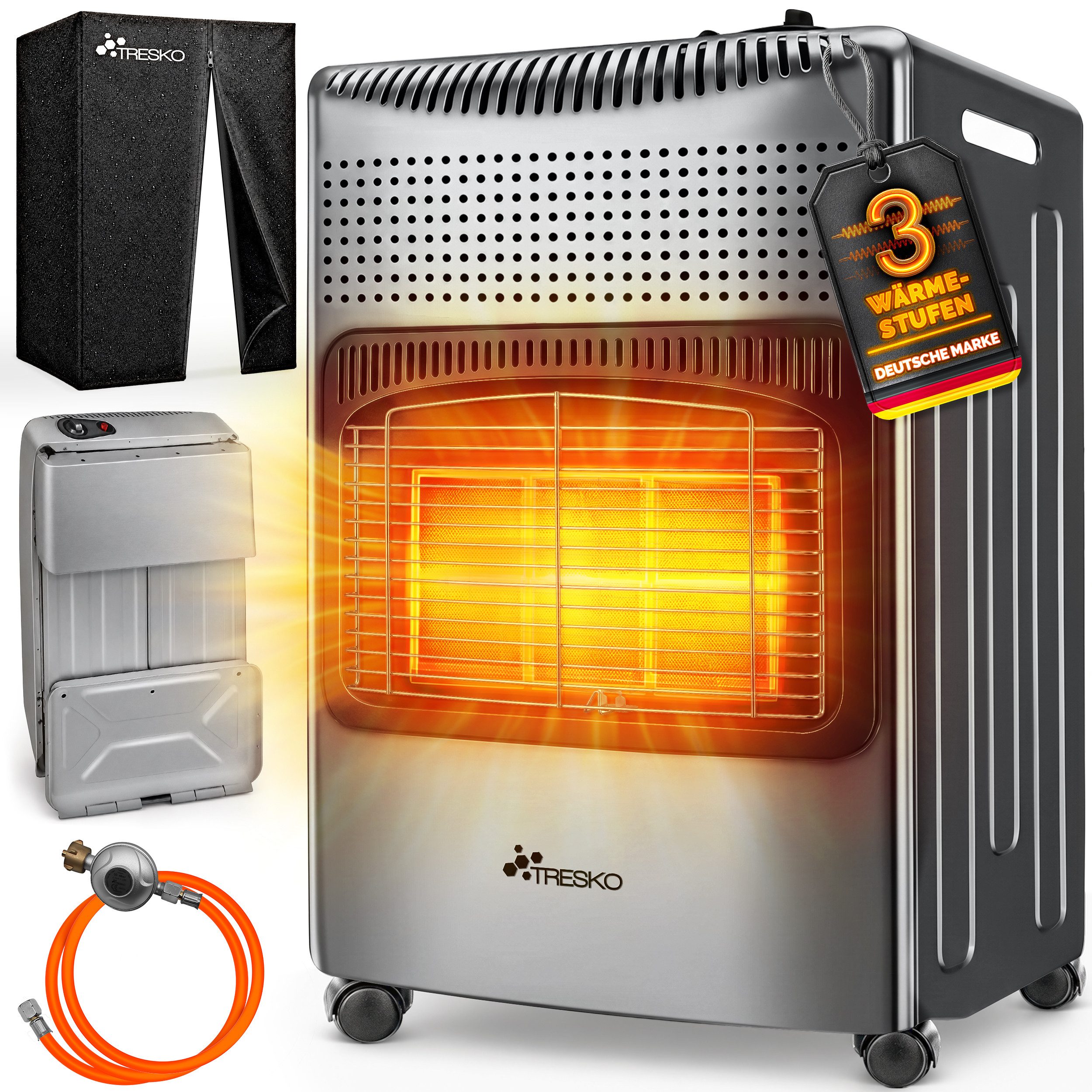 TRESKO Heizstrahler 4200 W Gasheizung + Abdeckung Gasheizer 3 Stufen Gasofen Gasheizofen