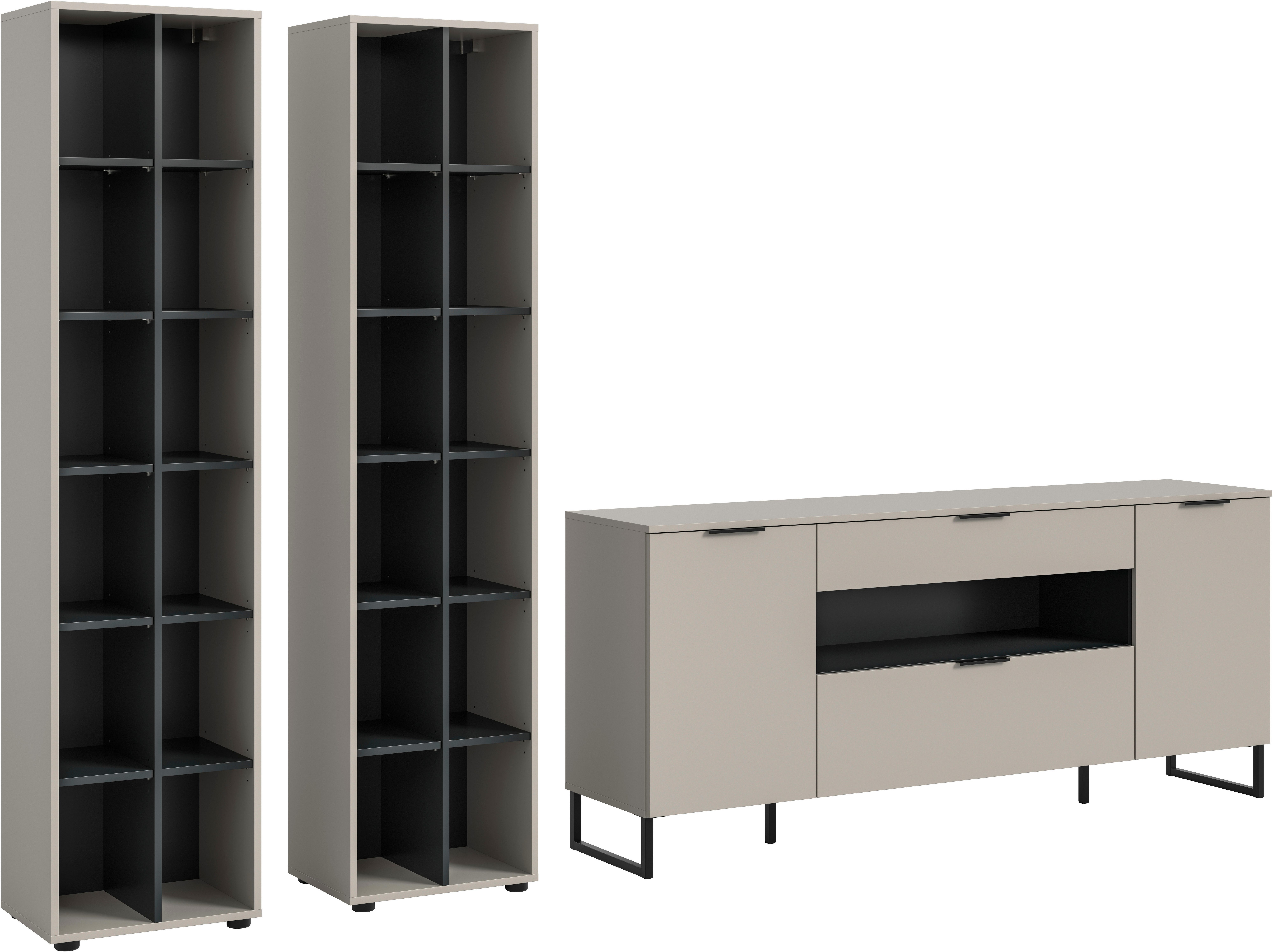 INOSIGN Wohnwand ADIO, Breite 305 cm, 3-teiliges Set, mit Metall-Kufenfüße, (Set, 3-St., bestehend aus: 2x Standregal und Sideboard), Kombination, Anbauwand, Set, Wohn-Set, Wohnzimmer-Set, Schrankwand