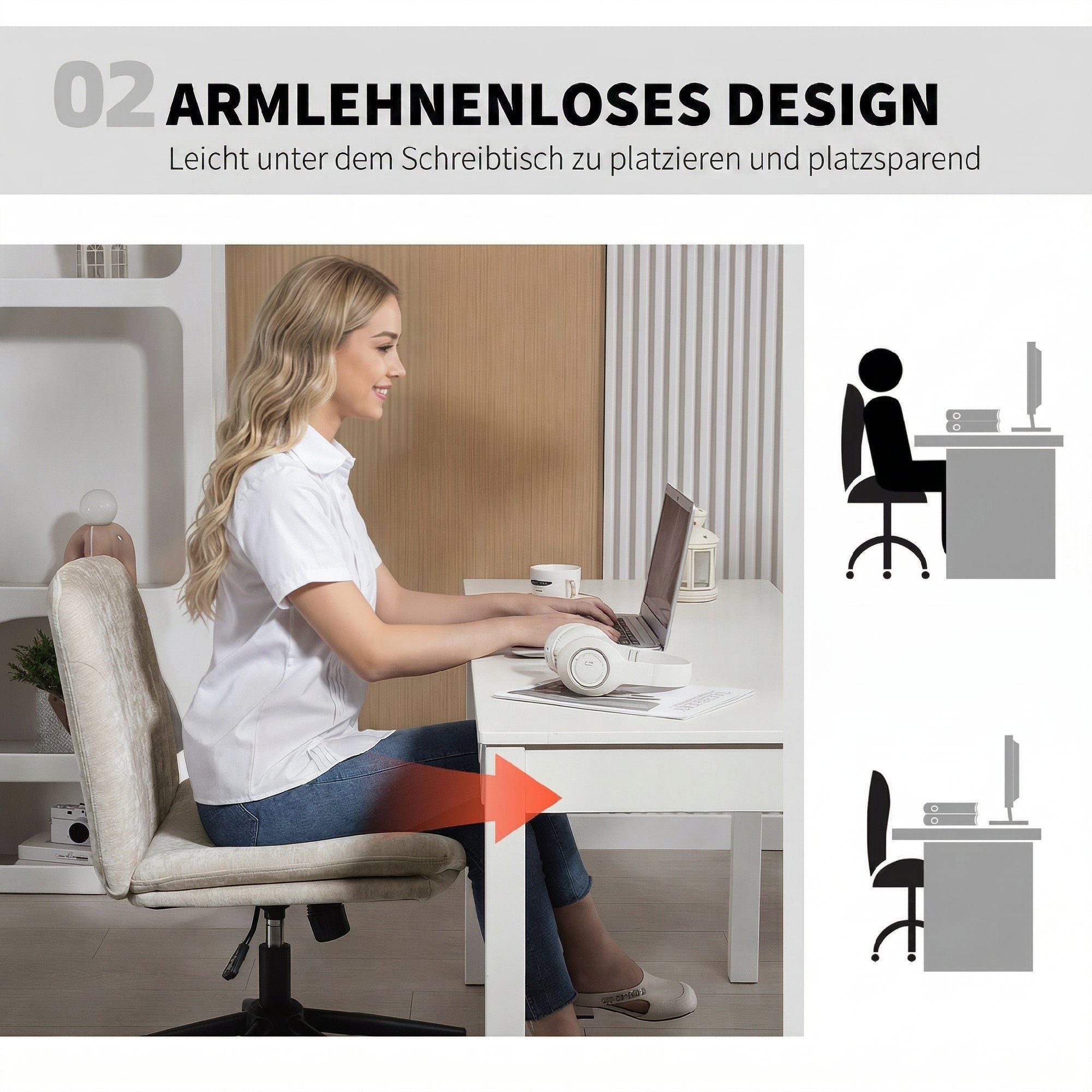 HOMCOM Bürostuhl Höhenverstellbar Homeoffice Stuhl Schreibtischstuhl mit Leinenoptik (Schminkstuhl, 1 St), für Arbeitszimmer, Schlafzimmer, Beige – Bild 5 von 5