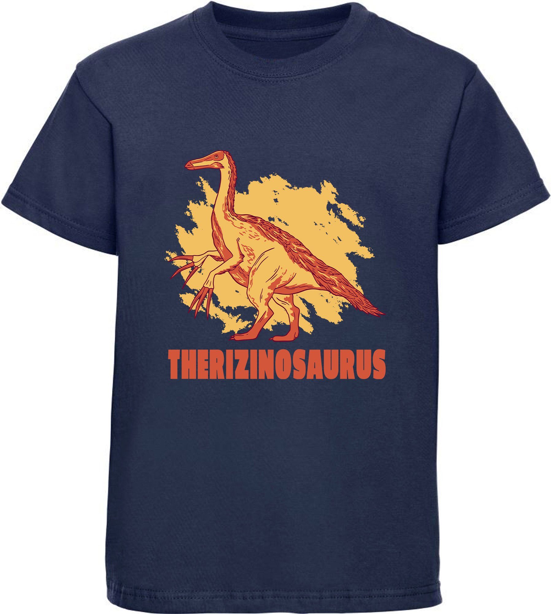 MyDesign24 Print-Shirt bedrucktes Kinder T-Shirt mit Therizinosaurus Baumwollshirt mit Dino, schwarz, weiß, rot, blau, i87 navy blau