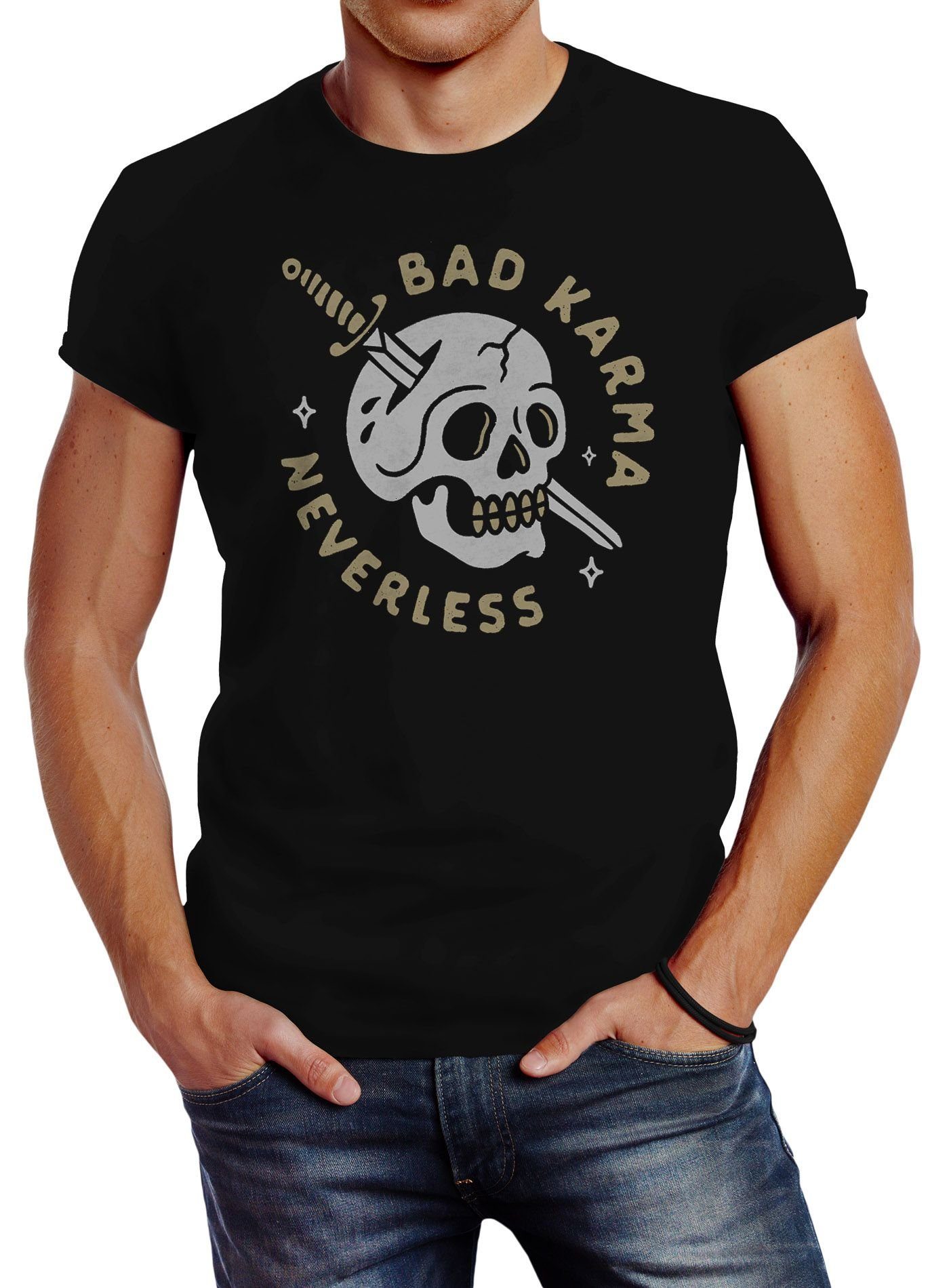 Neverless Print-Shirt Neverless® Herren T-Shirt Totenkopf mit Schwert Bikermotiv Skull Bad Karma Schriftzug Fashion Streetstyle mit Print