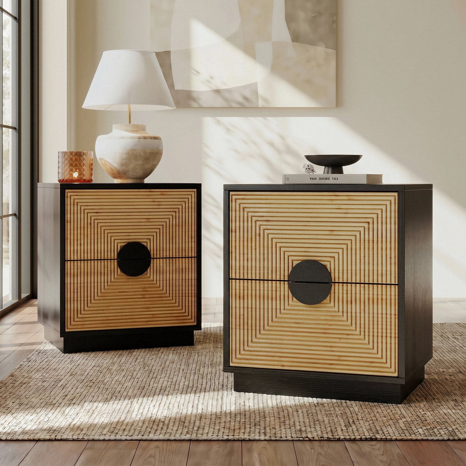 VOWNER Nachttisch aus Holz mit 2 Schubladen, Beistelltisch, Maße 45x40x53 cm (2-St), Kompaktes Design für Schlafzimmer und Wohnzimmer