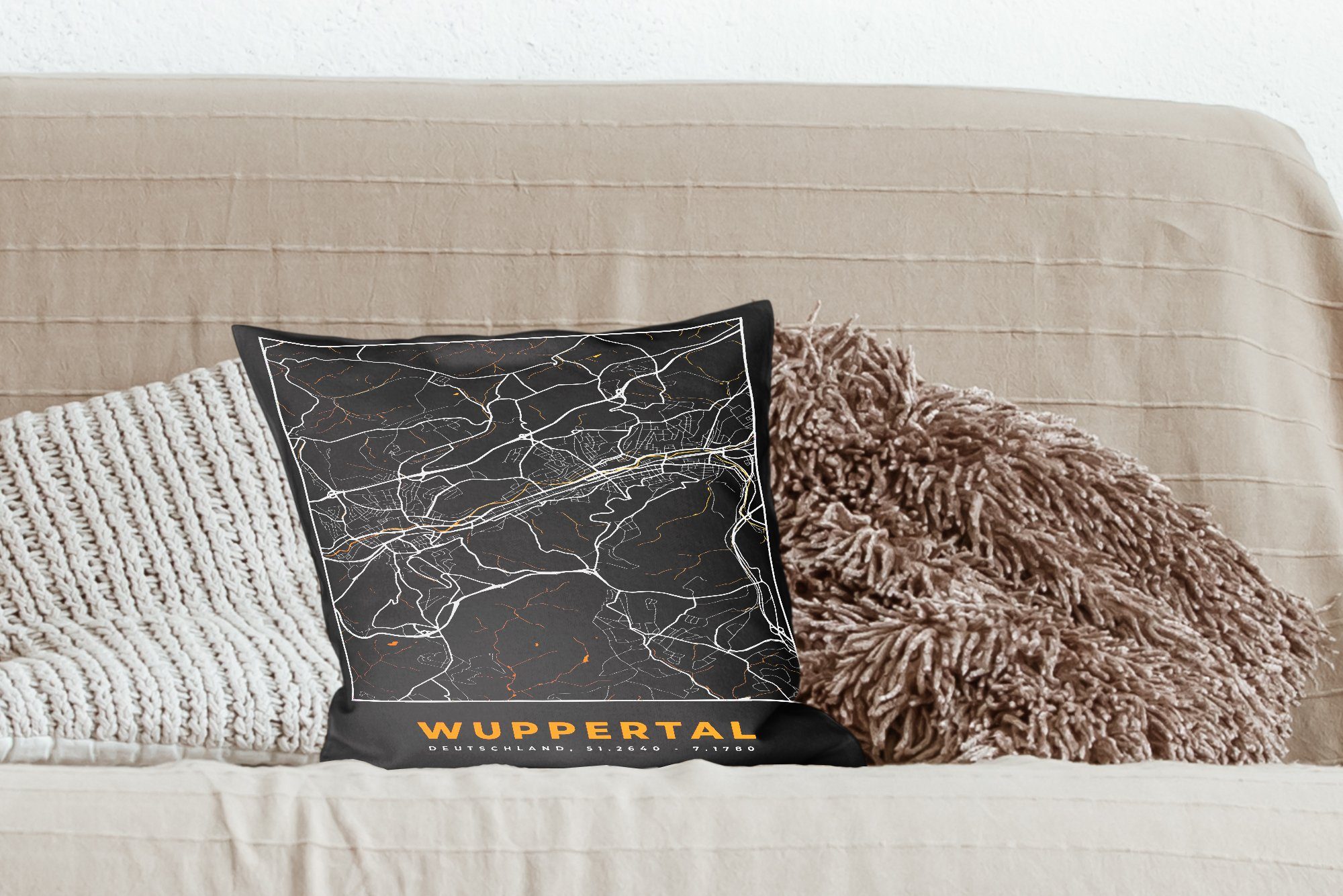 Zierkissen Wuppertal für - MuchoWow Schlafzimmer, Stadtplan Deko, Karte, mit Deutschland Dekokissen - - Wohzimmer, Füllung Gold - Sofakissen