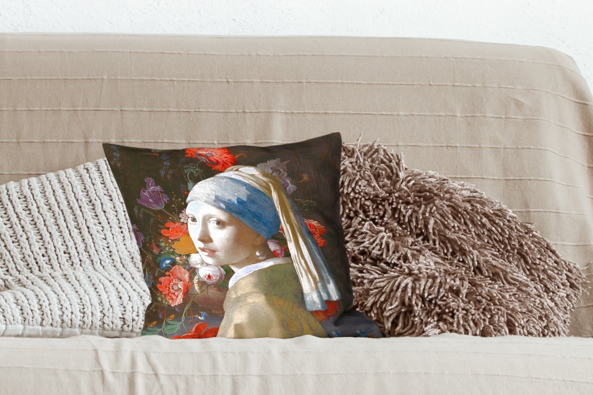 Dekokissen dem Zierkissen Das für Sofakissen Vermeer mit Füllung Schlafzimmer, - Perlenohrring Deko, MuchoWow Wohzimmer, Mädchen - Blumen, mit