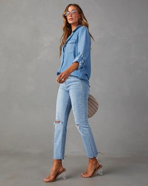 Opspring Jeansbluse Damen Bluse Damen Western Hemden Tunika Langarm Button Down Oberteile