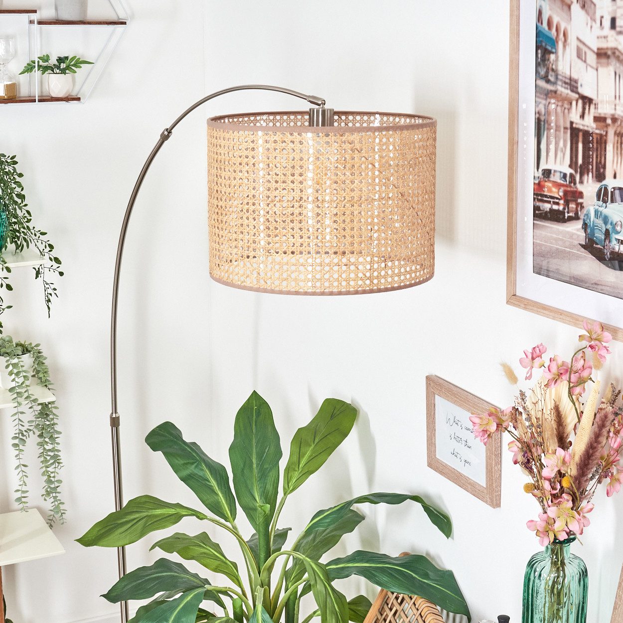 hofstein Bogenlampe Stehlampe Metall/Rattan/Wienergeflecht in Nickel/Schwarz/Natur/Braun, Stehleuchte im Boho-Design mit Marmorfuß u. Fußschalter (40 cm), E27