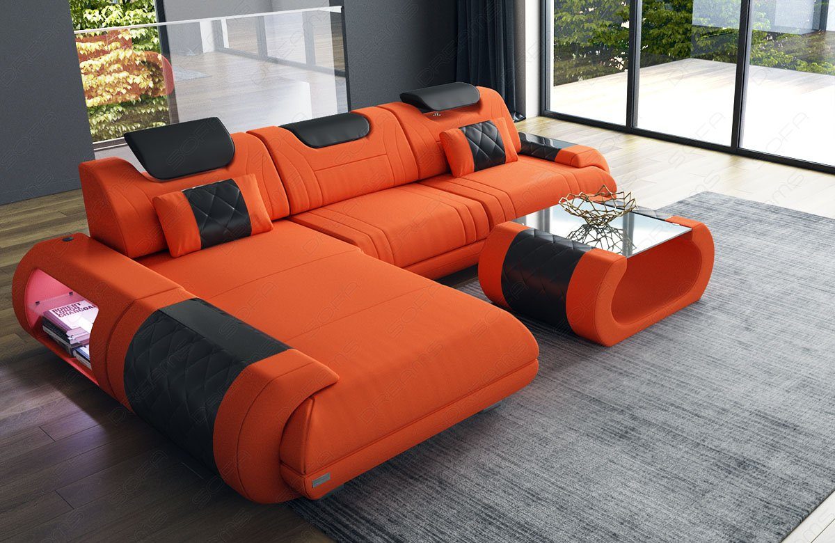 Sofa Dreams Ecksofa Polster Stoffsofa Rimini L Form M Mikrofaser Stoff Sofa, Couch wahlweise mit Bettfunktion orange-schwarz