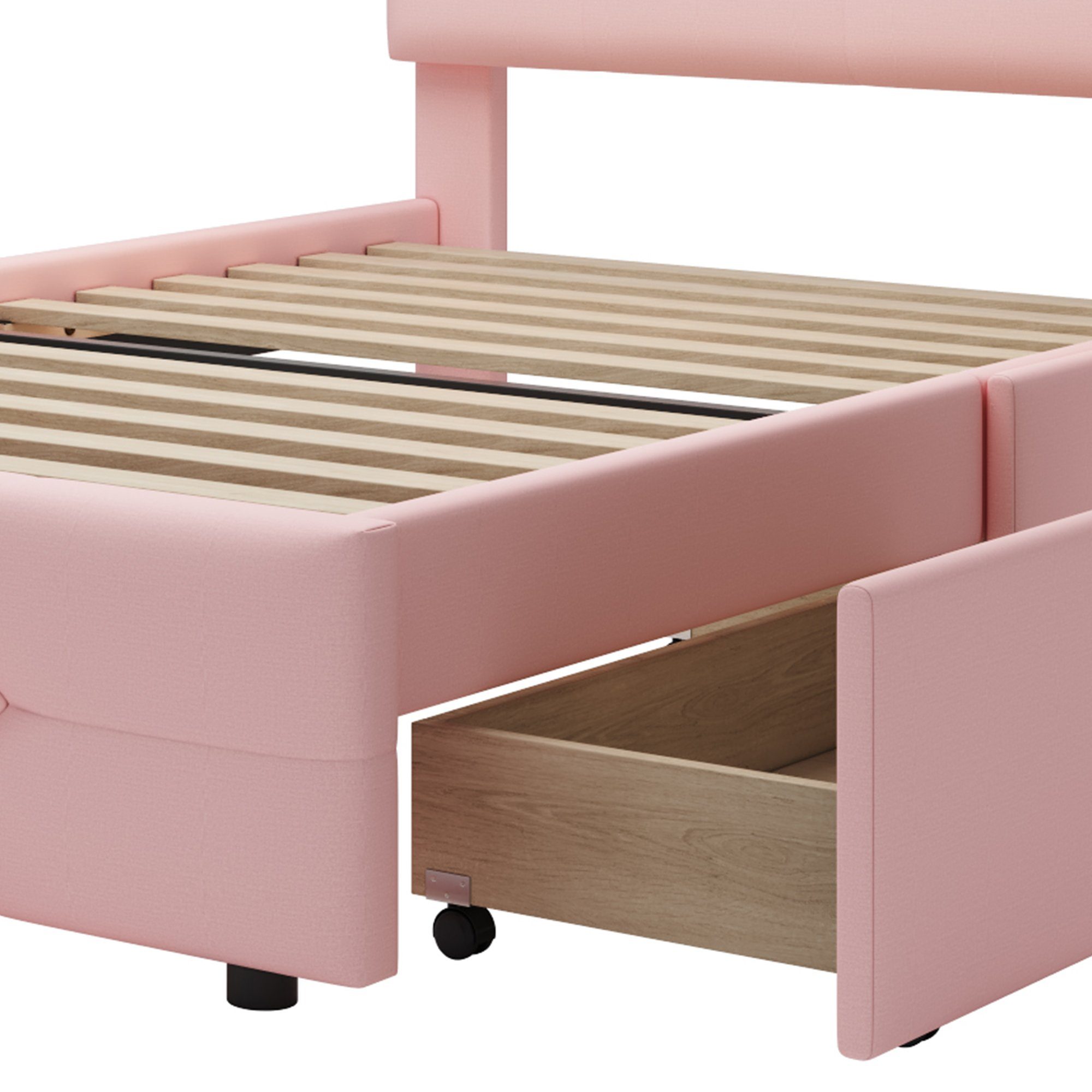 Flieks Polsterbett, LED Beleuchtung Einzelbett 2 Schubladen Leinen 90*200cm