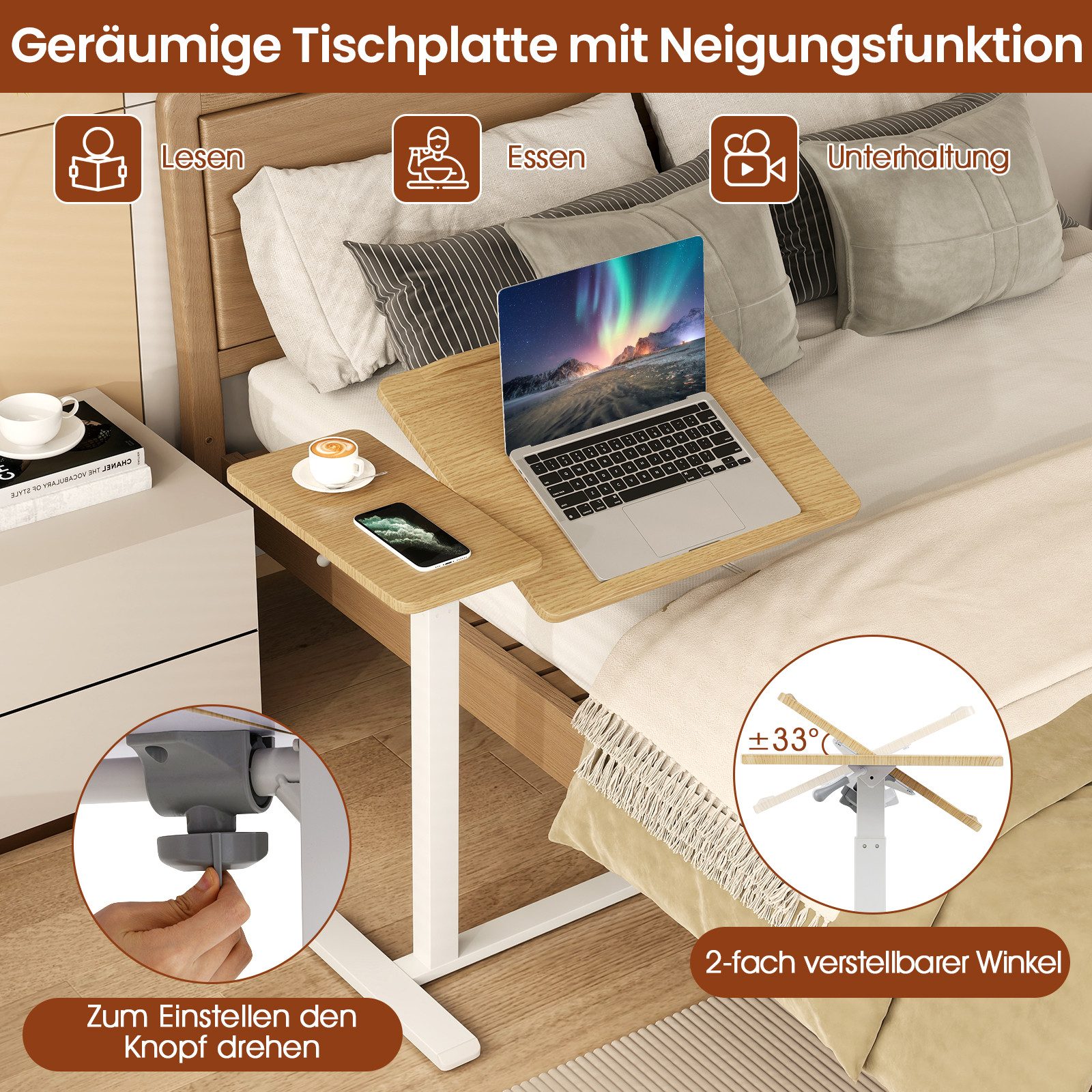 COSTWAY Laptoptisch, auf Rollen, höhenverstellbarer Betttisch mit kippbarer Tischplatte