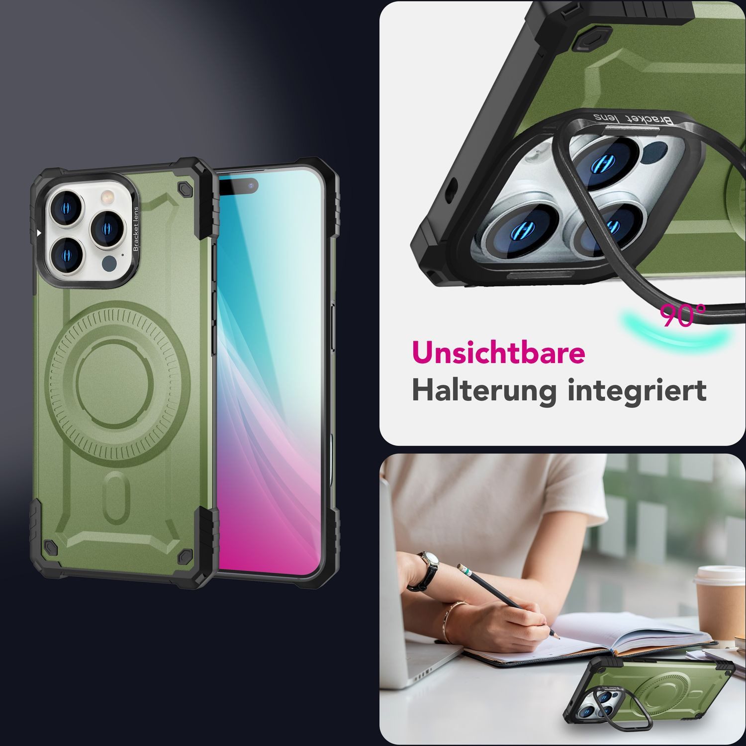 Nalia Smartphone-Hülle Apple iPhone 16 Pro 16 cm (6,3 Zoll), Granite / Militär Panzerhülle / MagSafe / Kamera Stand / Extrem Schutz