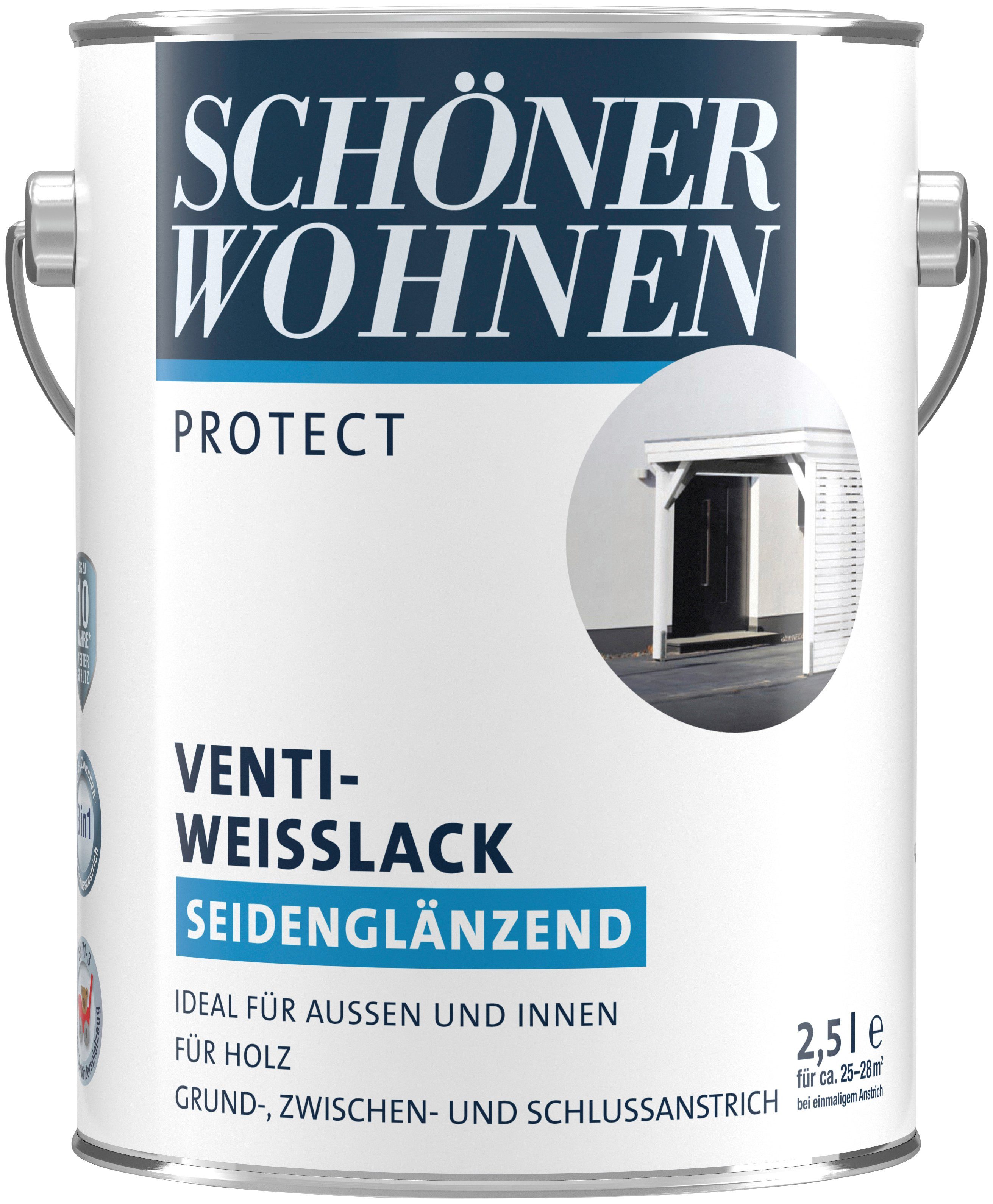 SCHÖNER WOHNEN FARBE Weißlack seidenglänzend, Venti-Weisslack, für Anstrich außen 3-in-1 innen, Protect 2,5 und Liter