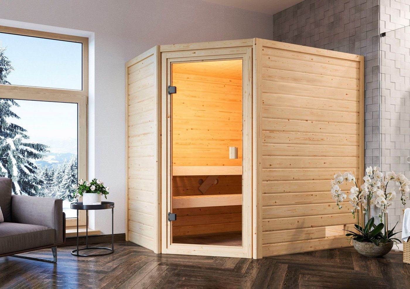 Thumbnail - welltime Sauna Juli, BxTxH: 195 x 145 x 187 cm, 38 mm, 3,6-kW-Plug & Play Ofen mit int. Steuerung