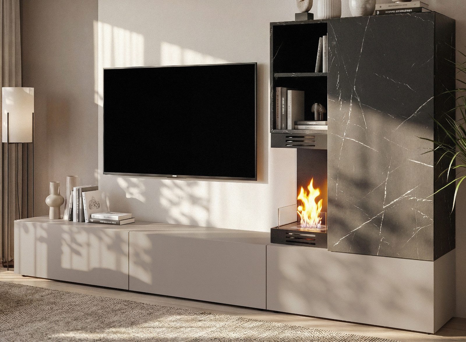 Inn.Furn Wohnwand Cosy, (TV Schrankwand in Marmor und hellem Grau, 6-St., integrierter Kamin, 270 x 158 cm), mit viel Stauraum und Push-To-Open-Funktion