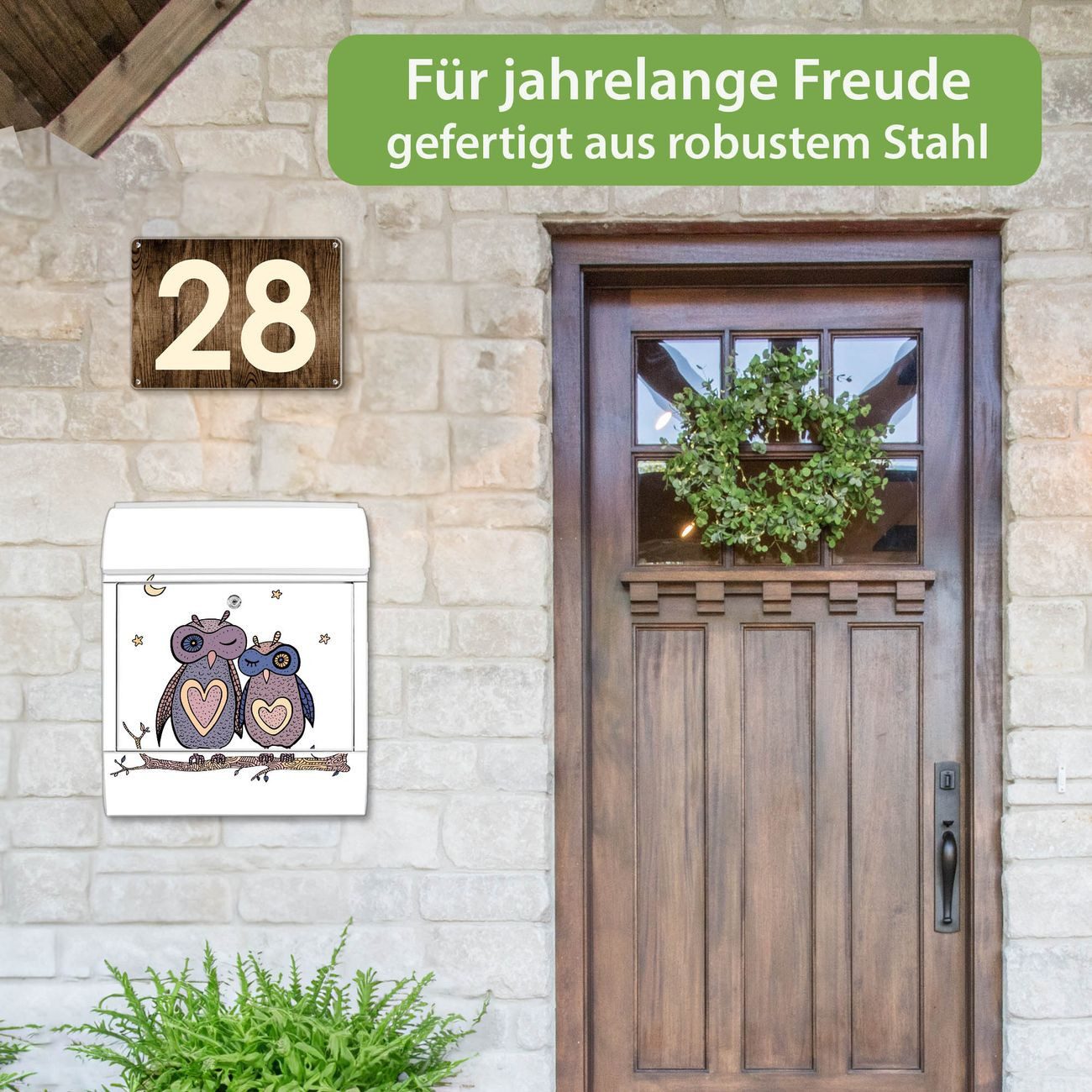 banjado Wandbriefkasten Weiß Stahl mit Motiv Verliebte Eulen (Wandbriefkasten witterungsbeständig, pulverbeschichtet, mit Zeitungsfach), 47 x 39 x 14 cm